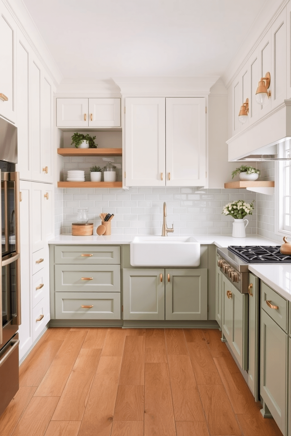 A bright and inviting kitchen with ivory shaker cabinets adorning the upper walls, paired with sage green cabinets below for a timeless two-tone look. The countertops are a crisp white quartz, complementing a subway tile backsplash in a soft sage hue. Wide-plank oak flooring runs throughout the space, adding warmth and contrast to the cabinetry. Brass hardware and light fixtures bring a touch of sophistication, while a farmhouse sink and open shelving enhance the charming, functional aesthetic.