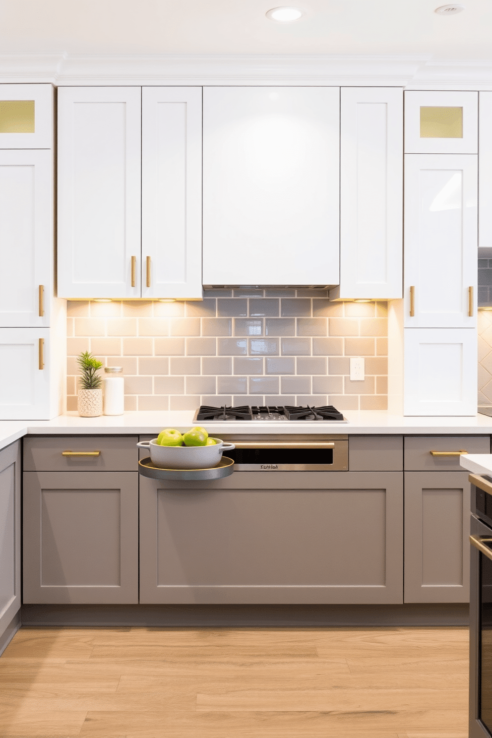 A contemporary kitchen showcasing two-tone cabinetry with a sleek, modern aesthetic. The lower cabinets feature a soft gray shade with subtle undertones, while the upper cabinets pop in a bold, vibrant yellow for an eye-catching contrast. The countertops are a crisp white quartz, complemented by a subway tile backsplash in a glossy gray. Brass hardware and warm under-cabinet lighting enhance the harmonious blend of energy and sophistication, completing this dynamic kitchen design.