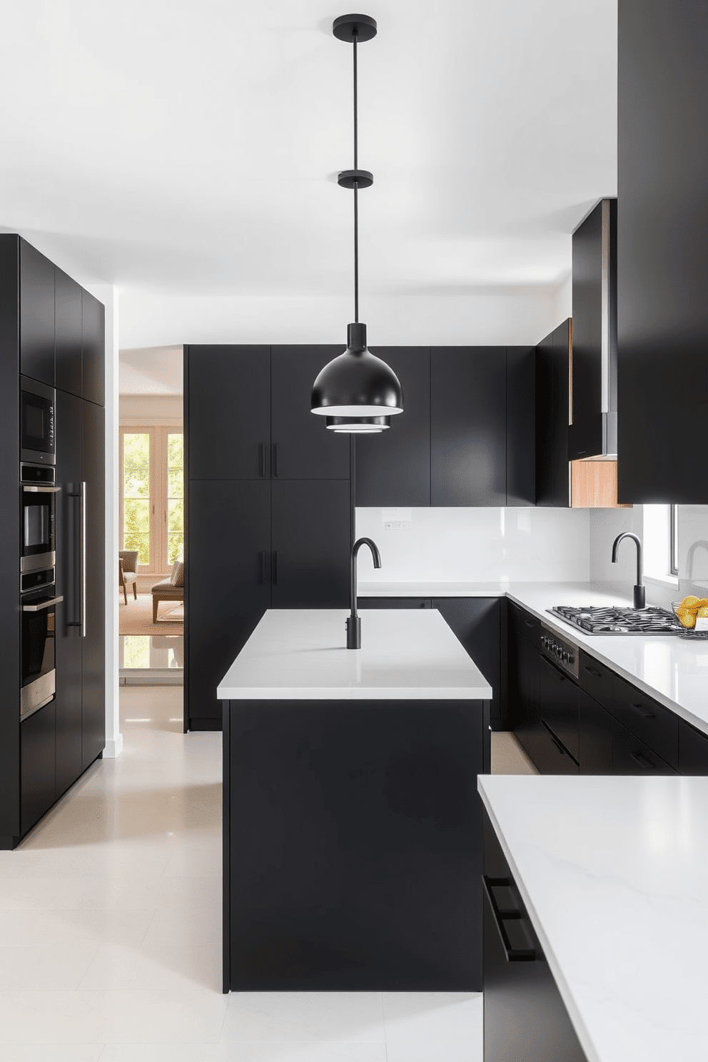 A modern two-tone kitchen featuring sleek black cabinets paired with warm elm wood accents. The black cabinetry is matte and minimal, while the elm wood adds natural texture and richness to the design. The countertop and backsplash are a neutral white quartz, providing a crisp contrast to the cabinetry. Minimalist black pendant lights hang over a central island with an elm panel facing, creating a balanced, sophisticated aesthetic.