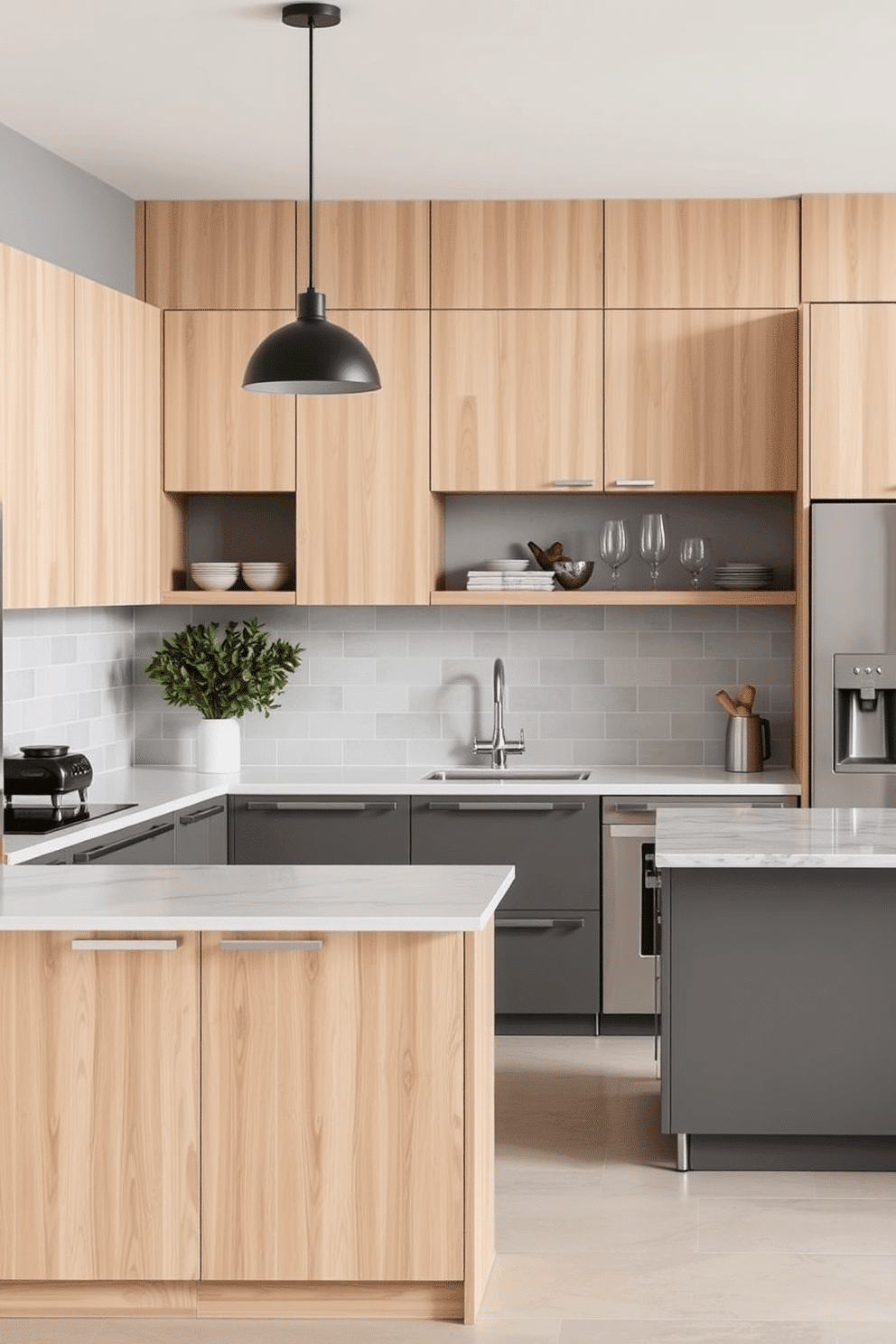 A modern kitchen space featuring sleek cabinetry in light maple wood combined with lower cabinets in a smoky gray hue. The countertops are white quartz, and the backsplash is a subway tile in a foggy, soft gray tone, creating a harmonious two-tone design. The kitchen island mirrors the theme, with a light maple base and a gray marble countertop, accented by hanging black pendant lights above. Stainless steel appliances blend seamlessly, while open shelving displays minimalistic glassware and greenery for a balanced, contemporary look.