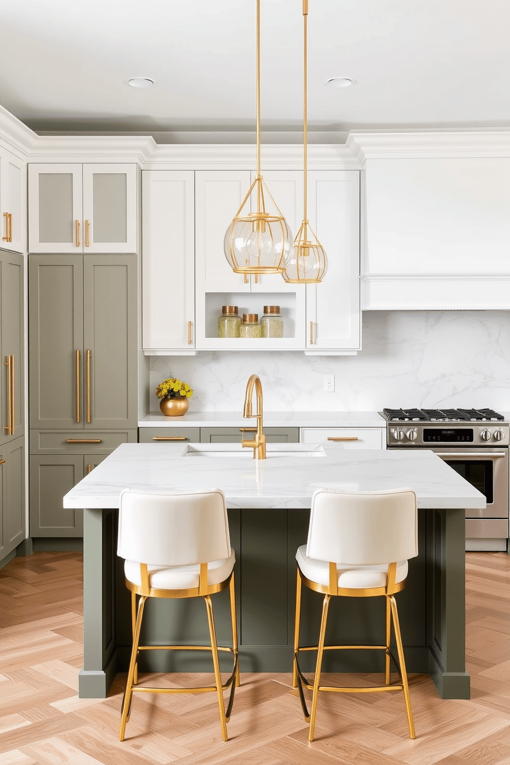 A contemporary kitchen with muted olive-green lower cabinets paired with crisp white upper cabinets, creating a balanced two-tone effect. The cabinets are accented with slender gold hardware, while a white marble countertop and matching marble backsplash add elegance. A large kitchen island takes center stage, featuring an olive-green base and a waterfall marble countertop. Above it, gold pendant lights with minimalist designs provide warm illumination, complementing the golden bar stools with cream-colored upholstery placed at the island.
