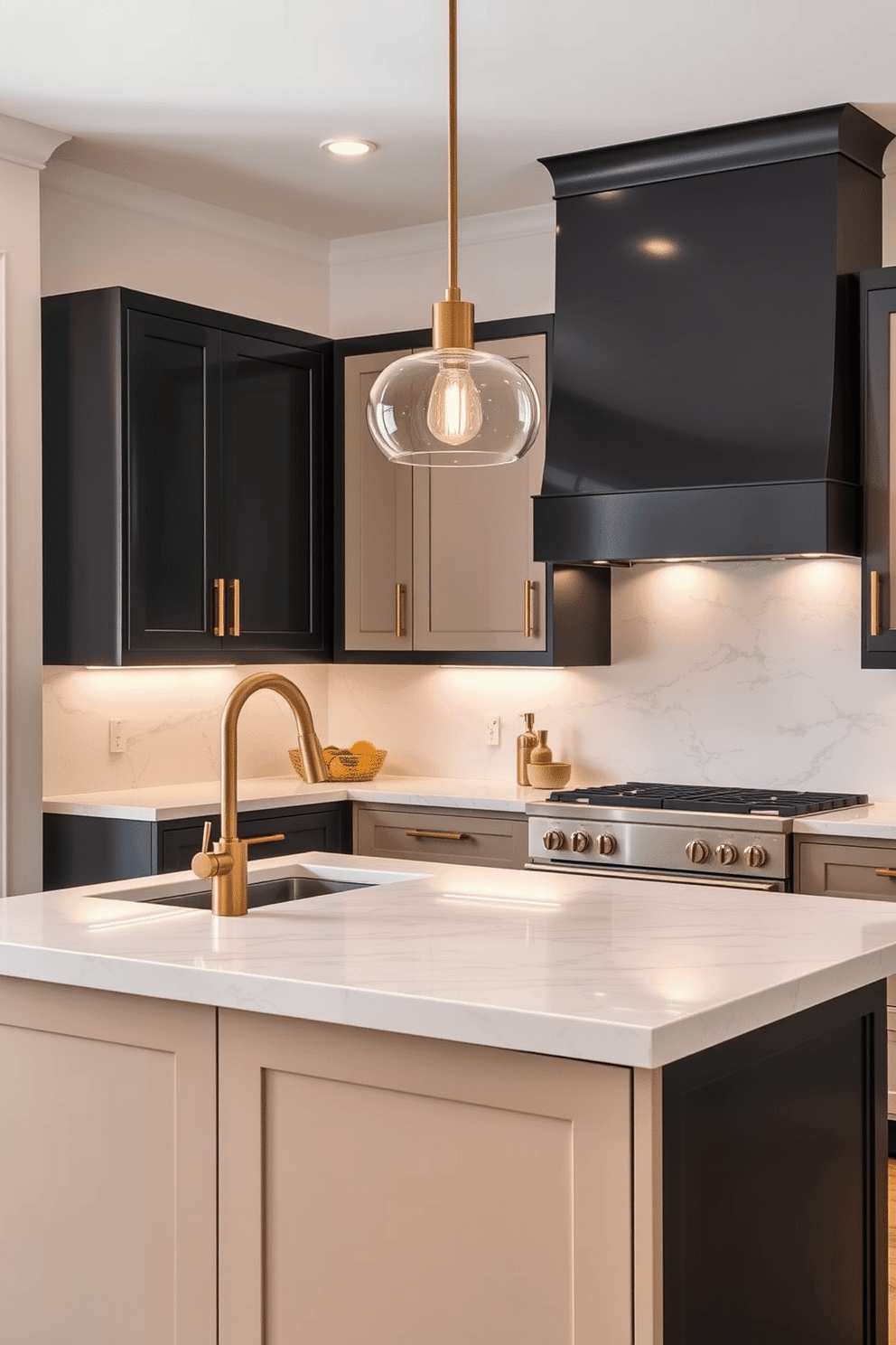 A contemporary and luxurious kitchen design. The upper cabinets are finished in a sleek, glossy charcoal, while the lower cabinets are a soft matte beige, creating a striking two-tone effect. Gold hardware and fixtures add a touch of sophistication, including the faucet, cabinet handles, and pendant lighting above the polished white marble island. The backsplash features subtle gray veining to harmonize with the charcoal tones, while warm under-cabinet lighting casts a cozy glow over the workspace.