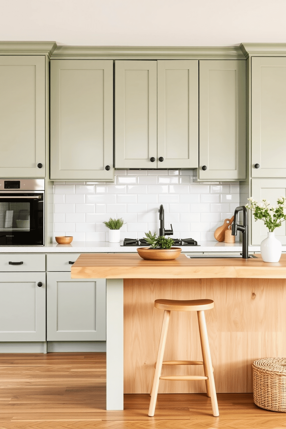 A calming kitchen design featuring soft sage cabinets paired with natural wood base units, creating an organic and inviting atmosphere. The backsplash is a subtle white subway tile, reflecting light beautifully against the muted green upper cabinets. A large natural wood island with bar stools complements the earthy tones and offers a functional workspace. Minimal black hardware adds a touch of contrast without overpowering the gentle palette, while potted herbs and woven baskets bring an air of fresh simplicity.