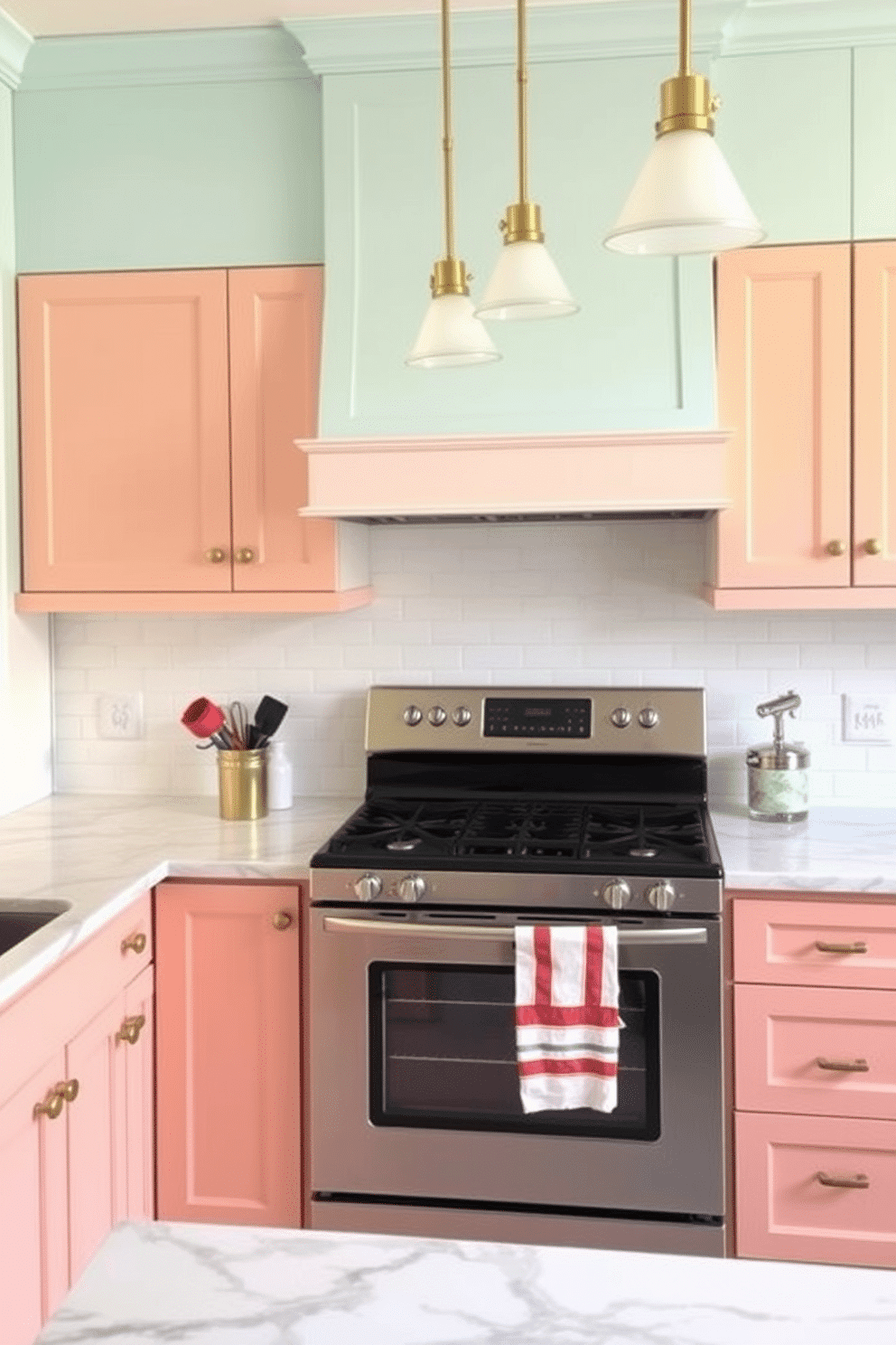 A charming kitchen bathed in a soft peach and robin’s egg blue color palette. The upper cabinets and walls are painted in robin’s egg blue, while the lower cabinets feature a warm peach tone, creating a balanced, two-tone design. White marble countertops with subtle veining stretch across the cabinetry, complemented by a glossy subway tile backsplash. Accents of brass hardware and a pair of pendant lights with frosted glass shades add a touch of elegance to the cheerful space.