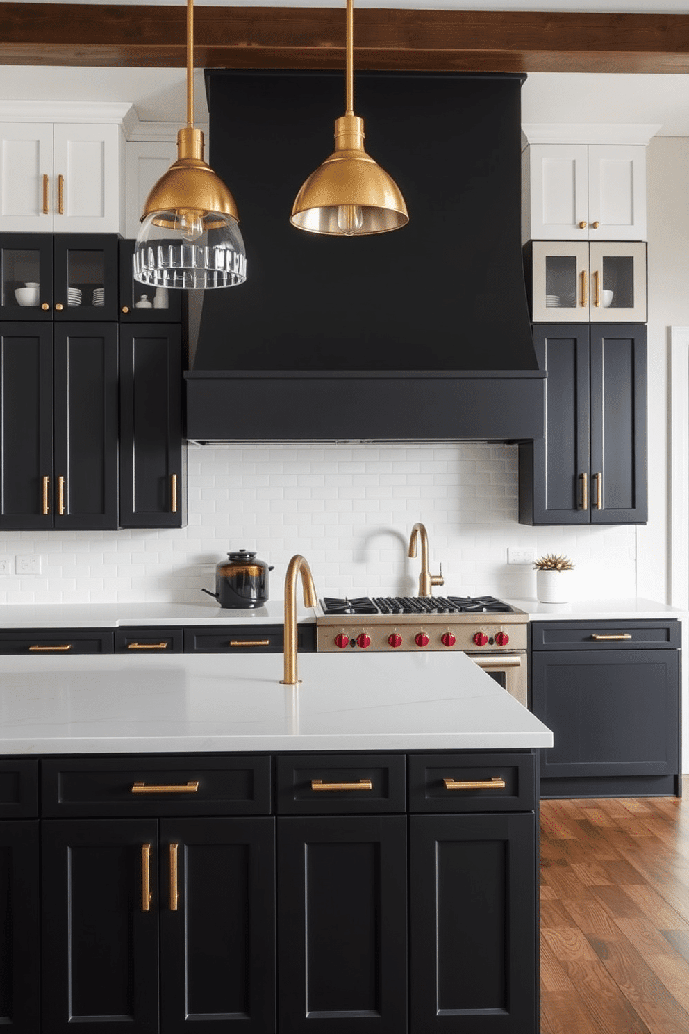 A sleek and modern two-tone kitchen featuring matte black lower cabinets paired with crisp white upper cabinets. The matte black cabinets are accented with brass handles and hardware, adding a touch of warmth and sophistication to the space. The countertops are a clean, white quartz, creating a striking contrast to the black cabinetry. Overhead, brass pendant lights hang above a large island, tying the elements together and providing both function and elegance.