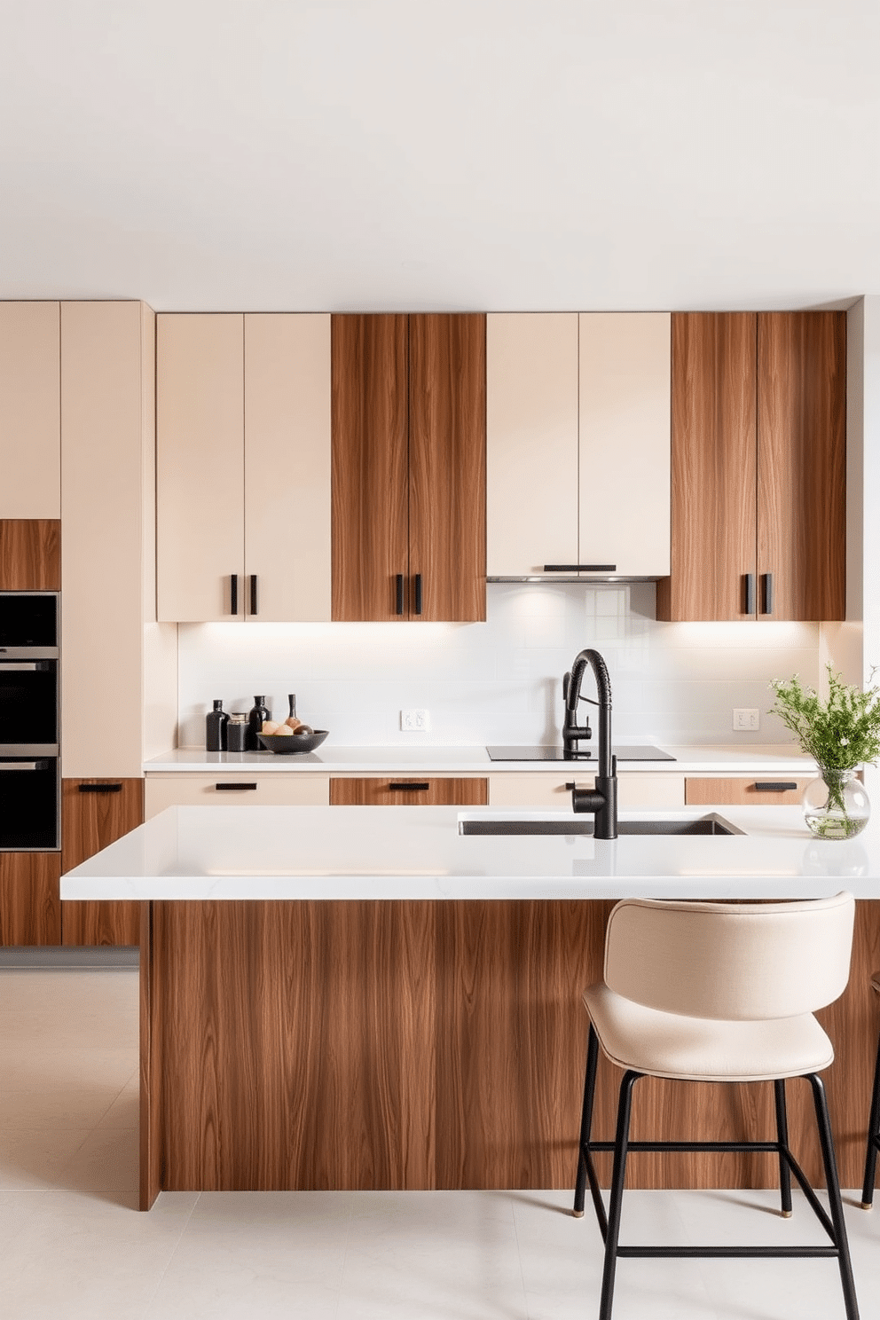 A modern two-tone kitchen featuring creamy beige cabinetry paired with warm walnut wood accents. The upper cabinets are sleek and minimal in a soft beige shade, while the lower cabinets and kitchen island showcase the rich, natural texture of walnut. A glossy white backsplash runs seamlessly along the walls, reflecting light and adding brightness to the space. Black hardware and fixtures offer a sharp contrast, while neutral-toned bar stools with subtle gold detailing provide a touch of sophistication.