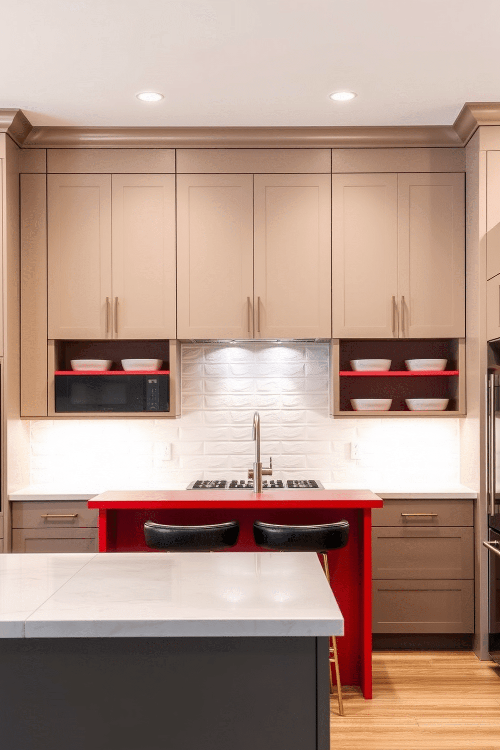 A contemporary kitchen with a bold red accent island that serves as the focal point, contrasting beautifully against sleek neutral-toned cabinetry. The upper cabinets are painted in a soft beige hue, while the lower cabinets feature a matte warm gray finish, creating a harmonious two-tone effect. The red island is topped with a polished white quartz countertop and complemented by stylish black barstools with gold detailing. Soft under-cabinet lighting illuminates the space, highlighting the subway tile backsplash and adding warmth to the modern design.