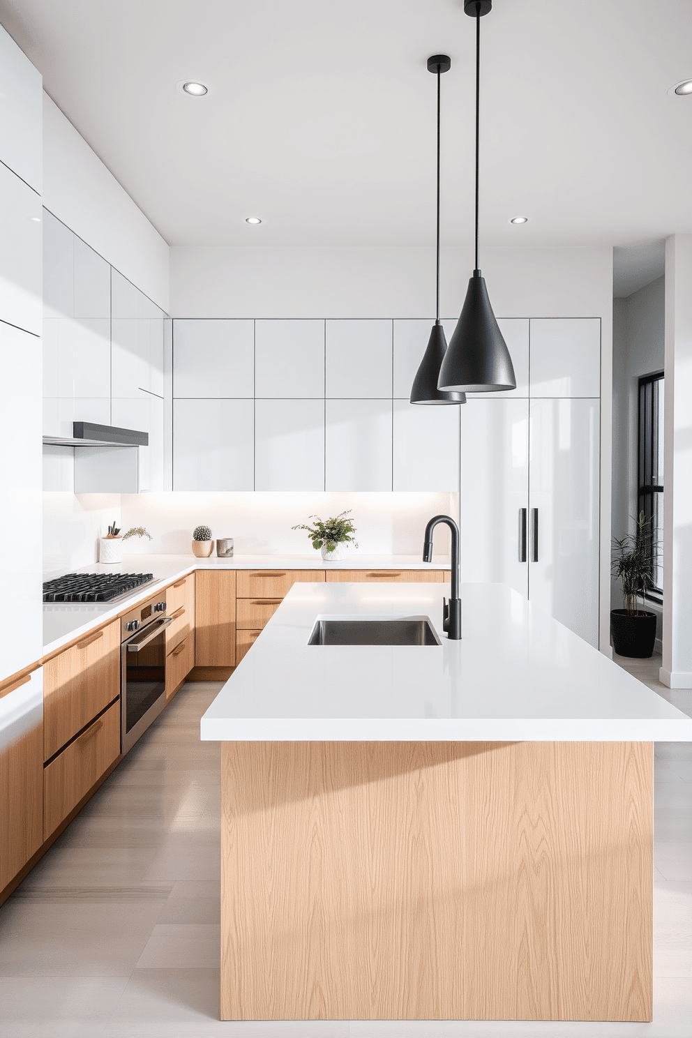 A sleek two-tone kitchen with glossy white upper cabinets complemented by light oak lower cabinets. The countertop is a pristine white quartz, and a long light oak island with a waterfall edge serves as the central focal point, complete with modern barstools. The glossy white backsplash extends to the ceiling, reflecting light and amplifying the airy atmosphere. Pendant lights with matte black accents hang above the island, while potted greenery adds warmth and a natural touch to the design.