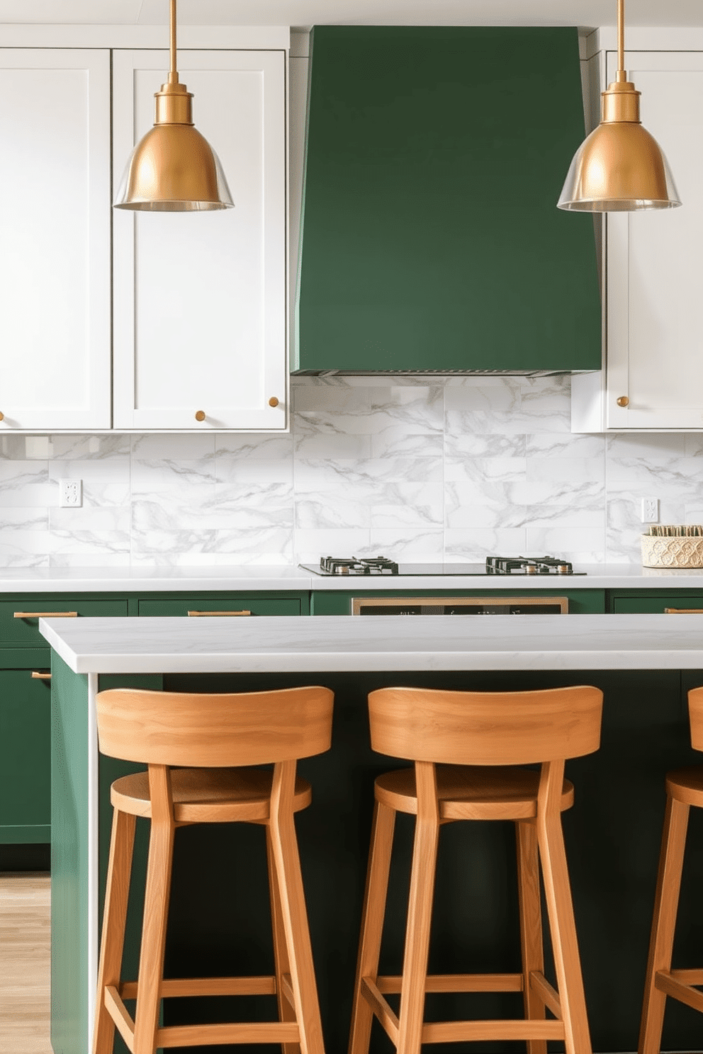 A modern kitchen with forest green lower cabinets and crisp white upper cabinets, creating a stylish two-tone effect. The countertops are sleek white marble with subtle gray veining, seamlessly blending with the green cabinets to evoke a natural, elegant atmosphere. The backsplash features vertical white subway tiles with light gray grout for a contemporary yet classic touch. Brass hardware on the cabinets and matching pendant lights add a warm metallic accent, while light oak barstools contrast beautifully against the deep green tones.