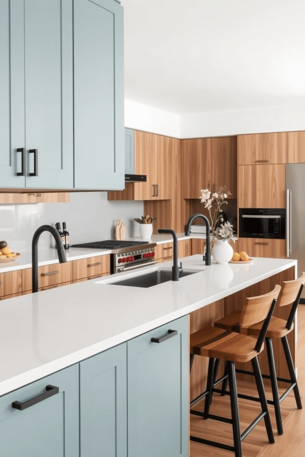 A dual-tone kitchen showcasing a muted teal and earthy brown palette. Upper cabinets in a soft teal shade complement the warmth of natural wood lower cabinetry, creating a balanced and inviting look. A white quartz countertop stretches across the workspace, paired with a matching backsplash for a sleek finish. Matte black hardware and fixtures add a modern edge, while a rustic wooden barstool set completes the harmonious design.