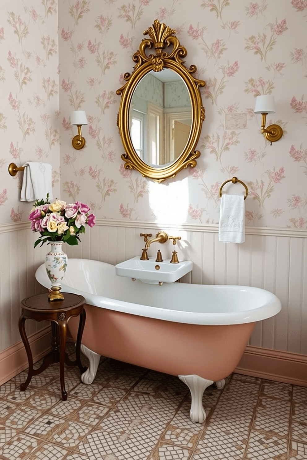 A charming vintage bathroom styled with a classic Victorian clawfoot tub, its exterior painted in a soft pastel shade, set atop a floor of intricate mosaic tiles. The walls are adorned with delicate floral wallpaper in muted tones, complemented by antique brass fixtures and a small wooden side table holding a porcelain vase of fresh blooms. An ornate gilded mirror hangs above a pedestal sink that echoes the era’s timeless elegance, with a towel rack nearby featuring embroidered hand towels. Soft lighting spills from a pair of wall sconces on either side of the mirror, enhancing the inviting warmth of the space.
