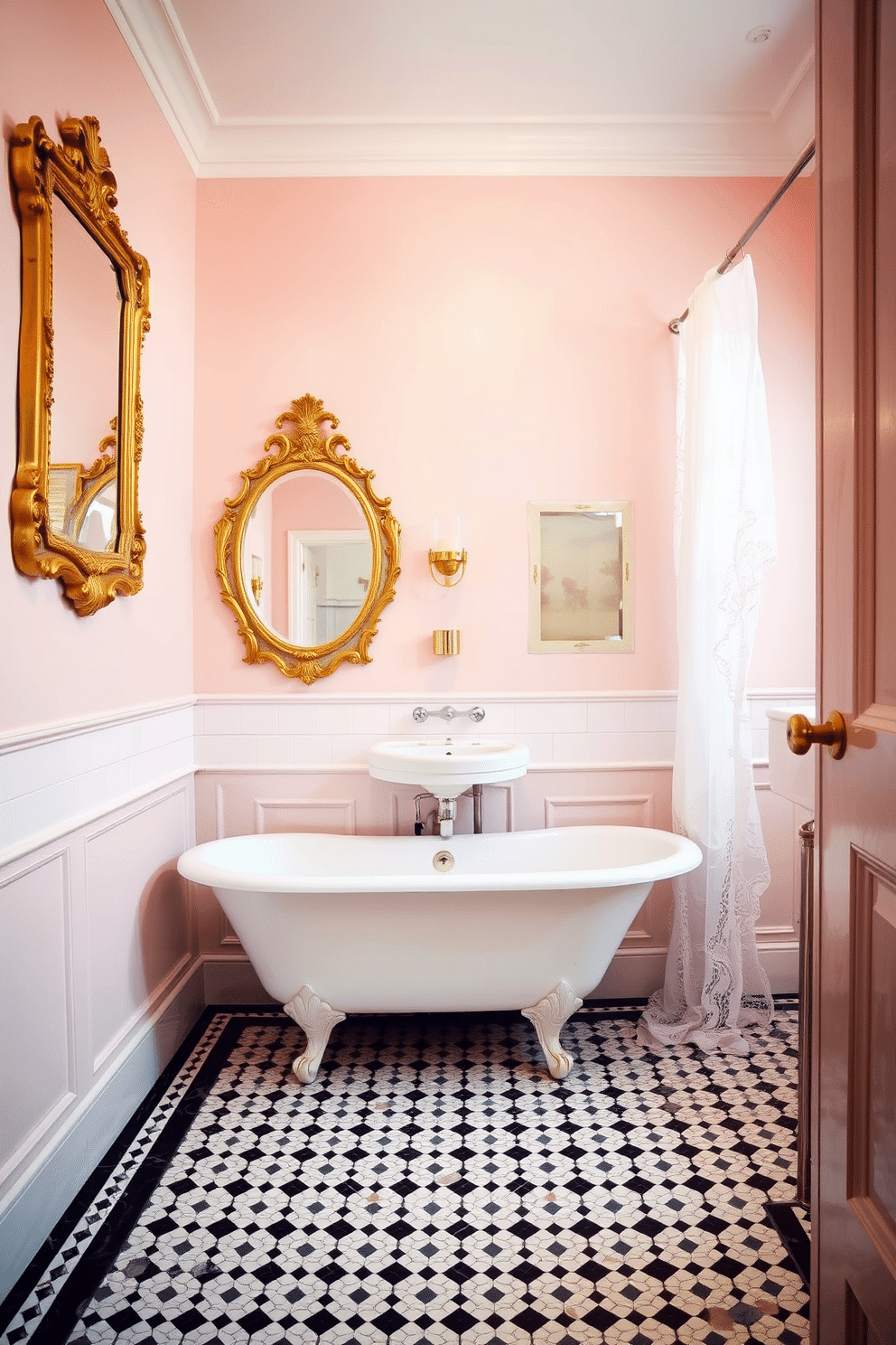A charming vintage bathroom with gilded framed mirrors hanging above a pedestal sink. The walls are painted in a soft pastel pink, creating a romantic and nostalgic ambiance. On the floor, classic black-and-white mosaic tiles add timeless elegance, while a clawfoot bathtub takes center stage. Subtle gold accents and a delicate lace curtain complete the vintage allure of the space.