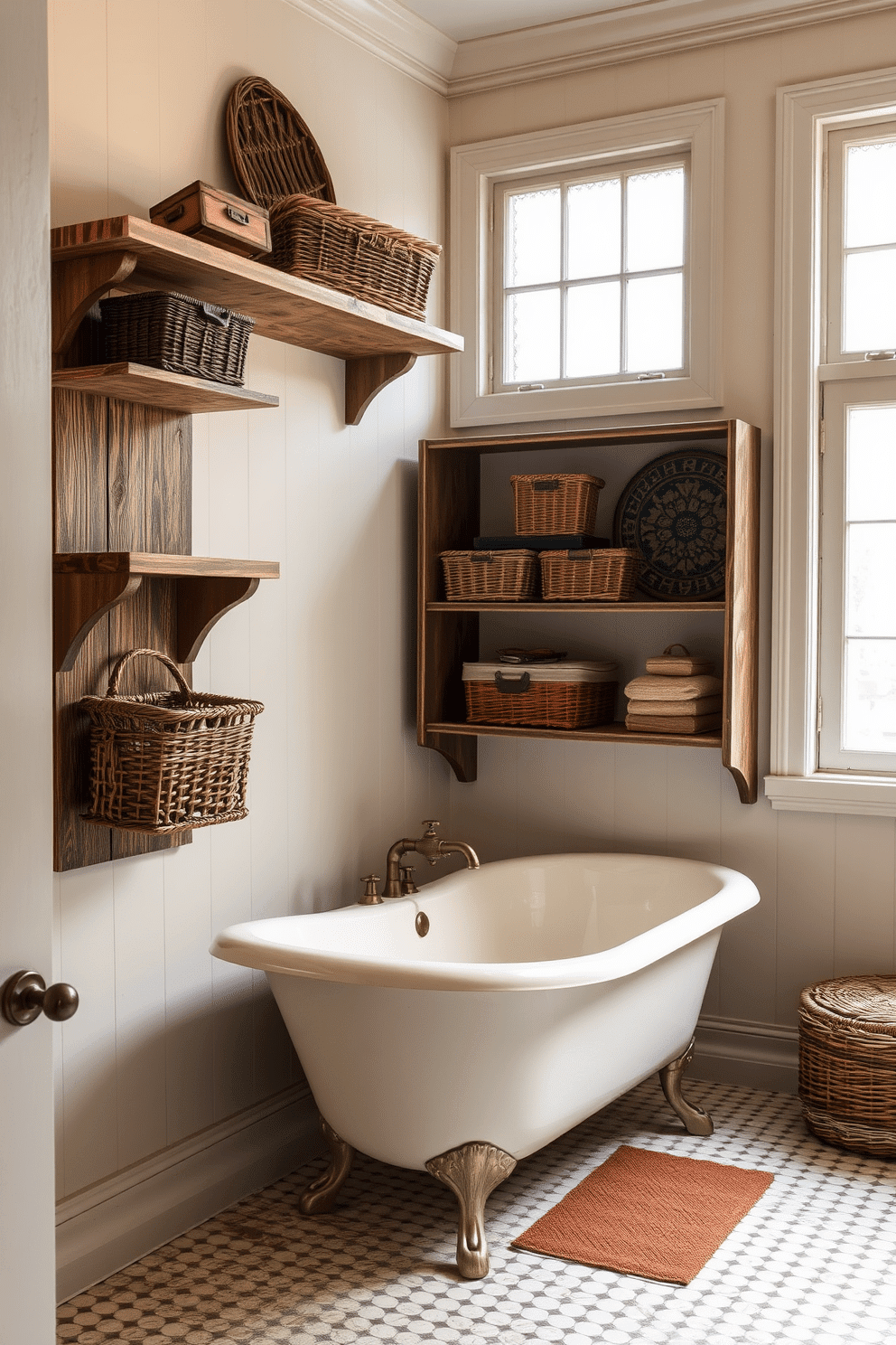 A vintage bathroom exuding timeless charm. Weathered wood shelving adorns the wall, styled with a collection of antique wicker baskets in varying sizes, adding both functionality and character. The muted, off-white walls complement the rustic feel of the space, while a clawfoot bathtub with bronzed fixtures takes center stage. Soft lighting filters through a frosted-glass window, enhancing the nostalgic atmosphere of the room.
