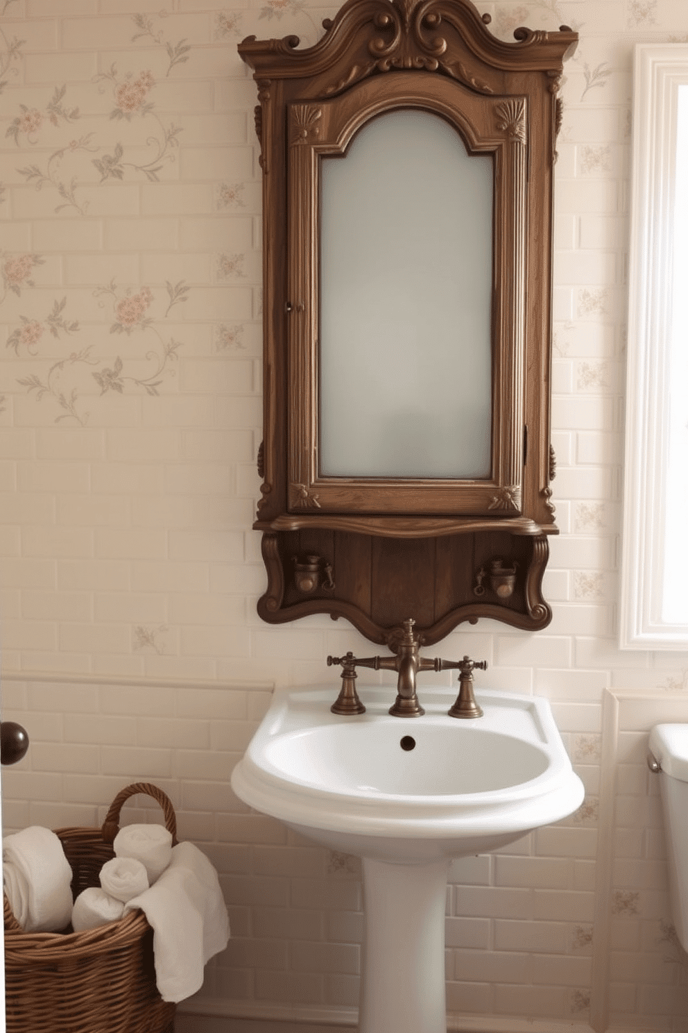 An antique medicine cabinet with frosted glass serves as the focal point in this vintage bathroom design. The cabinet, framed in distressed wood with intricate carvings, is set against a backdrop of soft cream-colored subway tiles. Beneath it, a pedestal sink made of porcelain complements the space, topped with brass fixtures for an authentic period touch. A woven wicker basket filled with rolled linen towels sits nearby, while delicate floral wallpaper adds warmth and character.