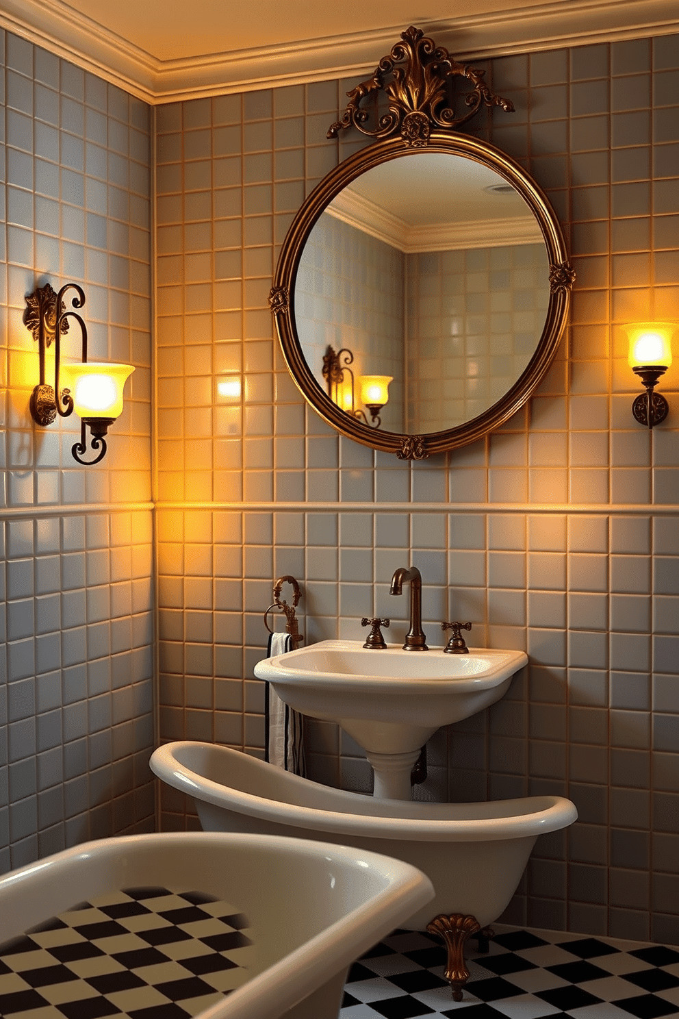 An alluring vintage bathroom featuring ornate wall sconces with warm, golden light casting a soft glow against the tiled walls. The sconces are intricately designed with bronze detailing and frosted glass shades, providing a romantic ambiance. The bathroom includes a clawfoot bathtub with brass fixtures placed on a black-and-white checkered floor. A large, circular mirror with an antique gold frame hangs above the pedestal sink, embodying timeless elegance.