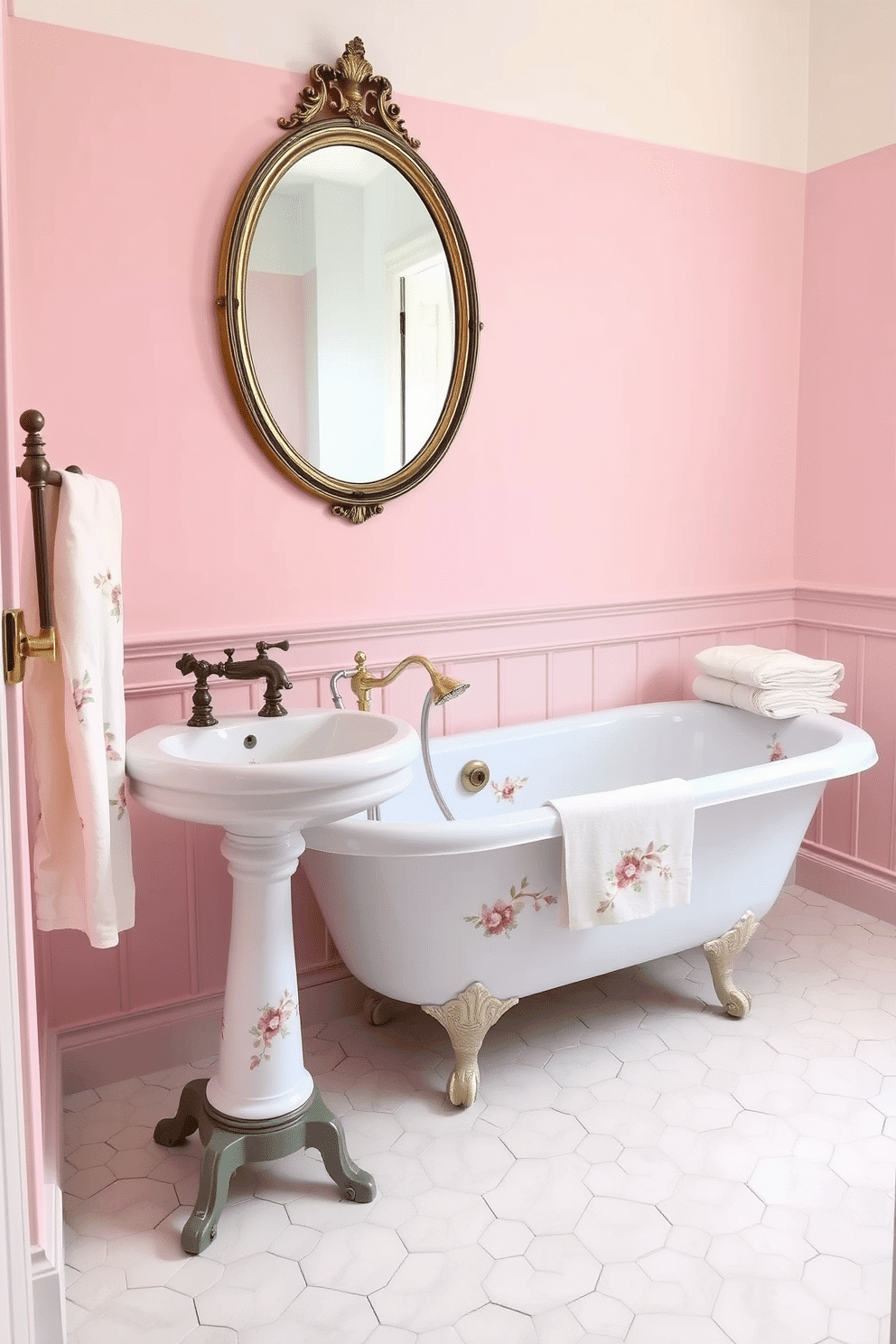 A charming vintage bathroom with porcelain fixtures adorned with delicate muted floral accents. The clawfoot bathtub is the centerpiece, sitting gracefully against a soft pastel pink wall with subtle wainscoting detail. A porcelain pedestal sink features matching floral patterns, paired with an oval mirror in an aged brass frame. The floor is tiled with small hexagonal white tiles, and an antique brass towel rack holds folded linen towels.