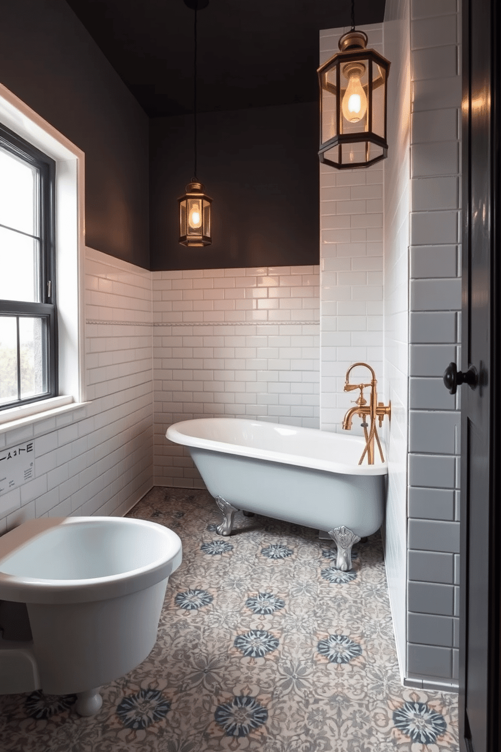 A charming vintage bathroom design with retro lantern pendants hanging from the ceiling, casting a warm, inviting glow. The room features classic subway tiles in soft white, complemented by dark grout lines for a timeless contrast. A clawfoot bathtub sits elegantly against the wall, paired with a freestanding brass faucet. The flooring showcases intricate mosaic tiles in muted blues and greys, adding a touch of antique artistry.