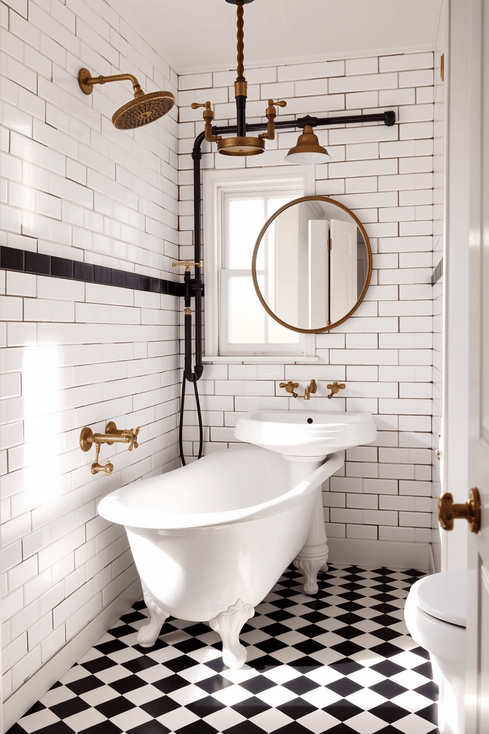 A charming vintage bathroom exudes timeless elegance with retro subway tiles in a classic white shade, neatly lined with dark grout for contrast. The walls are adorned with antique-style brass fittings, including a rain shower head and exposed pipe fixtures for an authentic retro look. A clawfoot bathtub rests on a black-and-white checkered floor, surrounded by soft natural light streaming through a frosted glass window. Above the pedestal sink, a circular mirror with a brass frame hangs, accompanied by a dual-sconce light fixture in an antique finish.