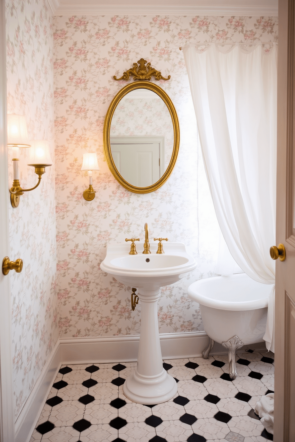 A charming vintage bathroom with patterned wallpaper featuring delicate floral motifs in soft pastel tones. On either side of a classic pedestal sink, vintage brass sconces with frosted glass shades cast a warm and inviting glow. The floor is laid with black-and-white hexagonal tiles, adding a nostalgic touch to the space. Above the sink, a gilded oval mirror complements the brass accents, while a clawfoot tub sits in the corner, surrounded by airy white curtains.