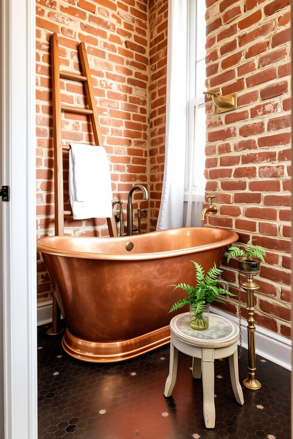 A charming vintage bathroom featuring a copper freestanding tub as its centerpiece, set against a backdrop of rustic, exposed brick walls. The warm tones of the copper contrast beautifully with antique brass fixtures, creating a timeless and elegant appeal. The floor is adorned with hexagonal black-and-white mosaic tiles, adding a touch of classic sophistication. Nearby, a vintage wooden ladder leans against the wall serving as a towel rack, while a small potted fern rests on a distressed stool for a pop of greenery.