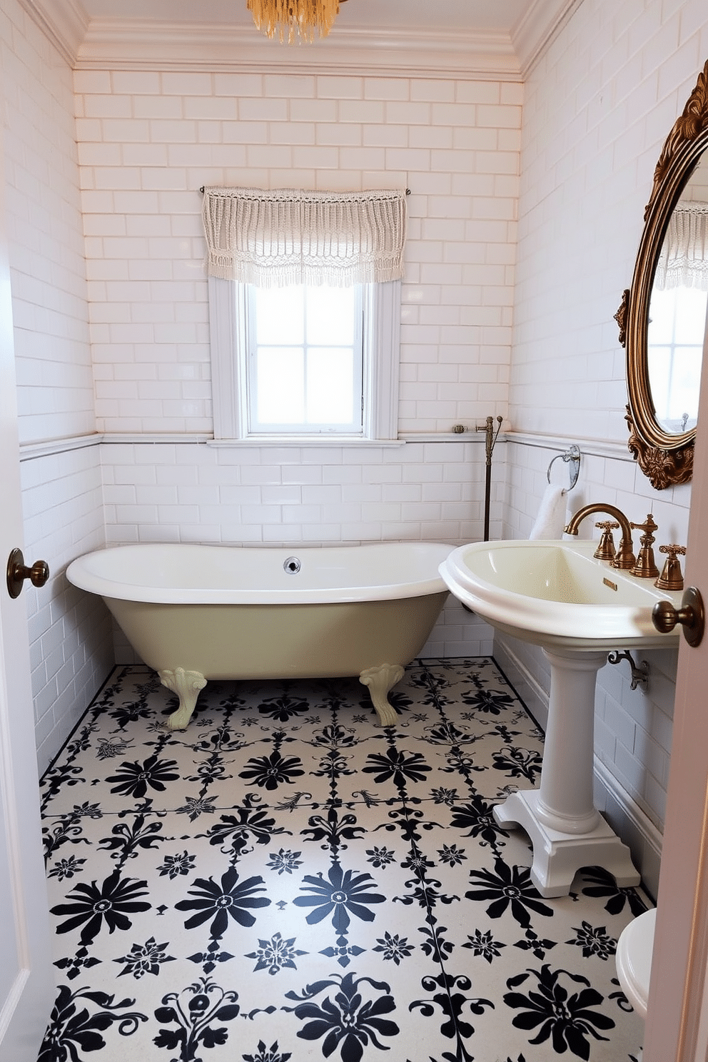 A charming vintage bathroom filled with Victorian-inspired elegance. The floor showcases intricate black-and-white tiles with floral patterns, complementing the centerpiece clawfoot bathtub painted in a soft pastel shade. To the right of the bathtub, a pedestal sink with ornate brass faucets stands, paired with an oval mirror framed in antique gold. The walls feature white subway tiles with a delicate trim, while a fringed curtain softens a small window, letting in a warm glow of natural light.