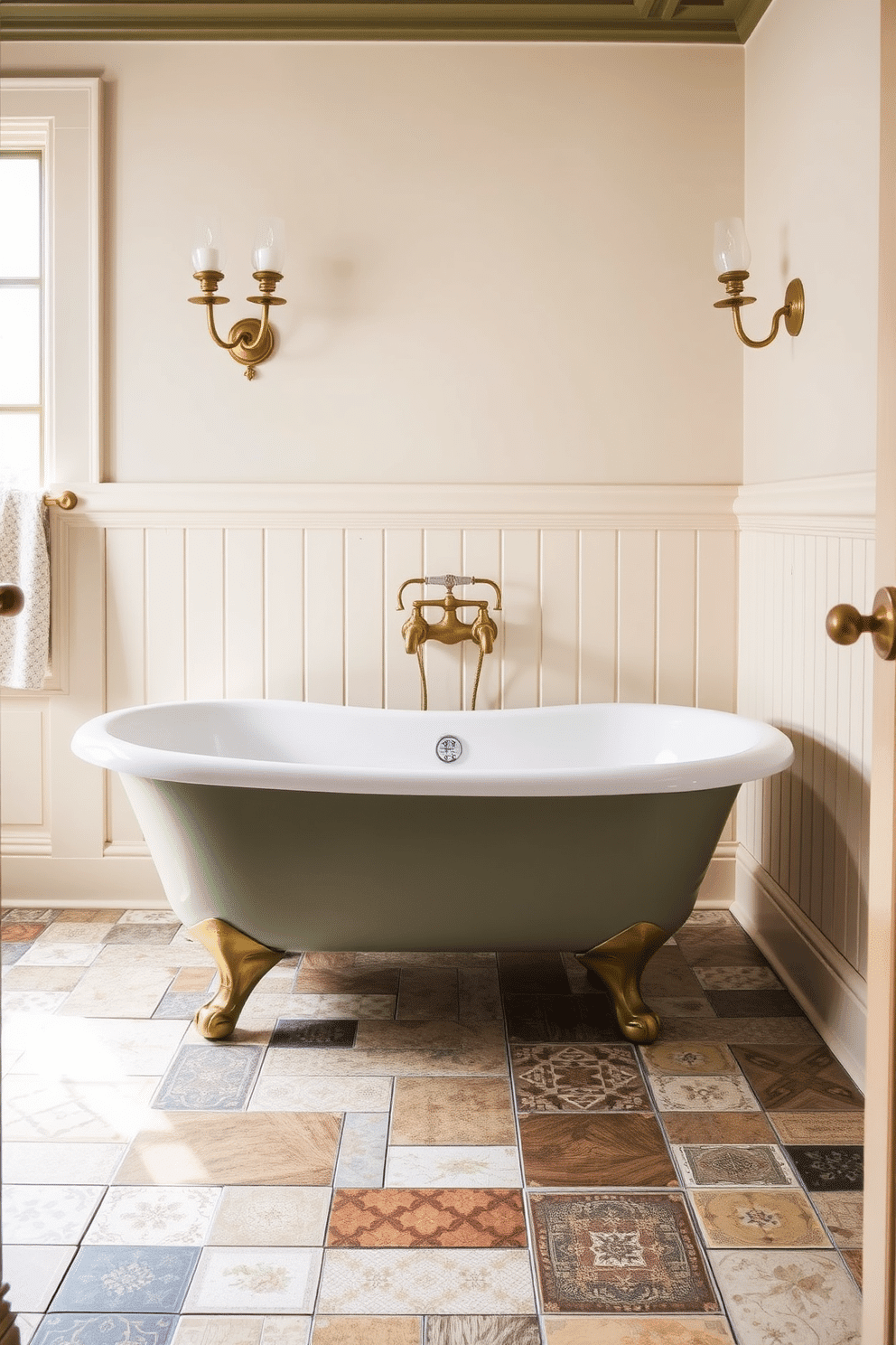 A charming bathroom inspired by vintage aesthetics. The floor is covered in patchwork tiles featuring a mix of subtle floral and geometric patterns, while the walls are adorned with soft cream-colored wainscoting. Accents of aged brass shine through in the fixtures, from the intricately designed faucets to the towel rack and light sconces. A clawfoot bathtub, painted in a muted, pastel green, takes center stage, complementing the warm and nostalgic ambiance of the space.