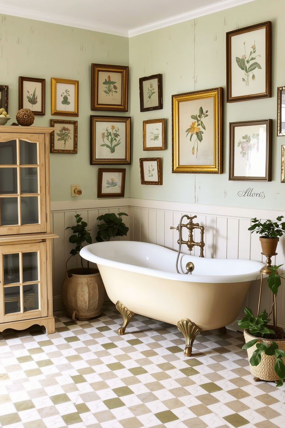 A charming vintage bathroom with a gallery wall featuring delicate botanical prints in aged gold and wooden frames. The soft, weathered walls are painted in a pale sage tone, accentuating the intricate detailing of the vintage prints. The centerpiece of the space is an antique clawfoot tub with brushed brass fixtures, surrounded by a soft cream and olive-green checkerboard tile floor. A classic wooden storage cabinet with frosted glass doors stands nearby, while potted plants add a fresh, natural element to the room's nostalgic yet timeless appeal.