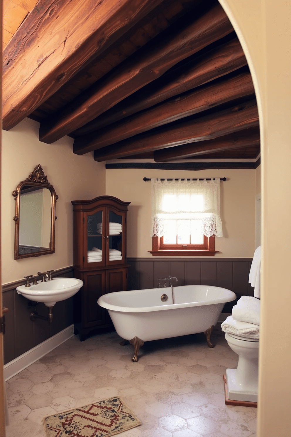 A charming vintage bathroom featuring exposed wooden beams on the ceiling, adding a rustic yet sophisticated touch. The walls are painted in a soft creamy hue, while an antique brass-framed mirror hangs above a clawfoot bathtub. In one corner, an aged wooden cabinet serves as storage for neatly folded linens. The floor is adorned with weathered hexagonal tiles, and a delicate lace curtain filters warm natural light from a small window.