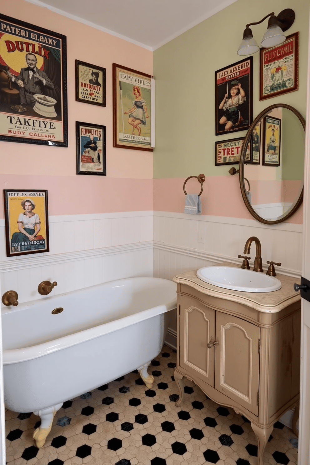 A bathroom that exudes vintage charm. The walls are adorned with framed vintage advertisements, showcasing timeless designs and nostalgic hues, perfectly complementing a clawfoot bathtub with aged brass fixtures. The sink area features an antique vanity with a porcelain basin, topped with a round mirror framed in weathered metal. The walls are painted in soft pastel colors, while classic black and white hexagonal tiles cover the floor, creating an authentic retro atmosphere.
