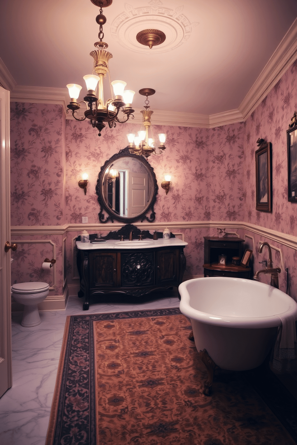 An opulent vintage bathroom adorned with ornate, antique brass light fixtures that cast a warm and inviting glow. Beneath them lies a detailed patterned rug in muted jewel tones, its texture adding contrast to the smooth marble flooring. The walls are covered in soft, floral wallpaper, accentuated by a weathered wooden vanity with an intricate carved design. A clawfoot tub sits gracefully in one corner, surrounded by small decorative accents like ceramic jars and antique picture frames.