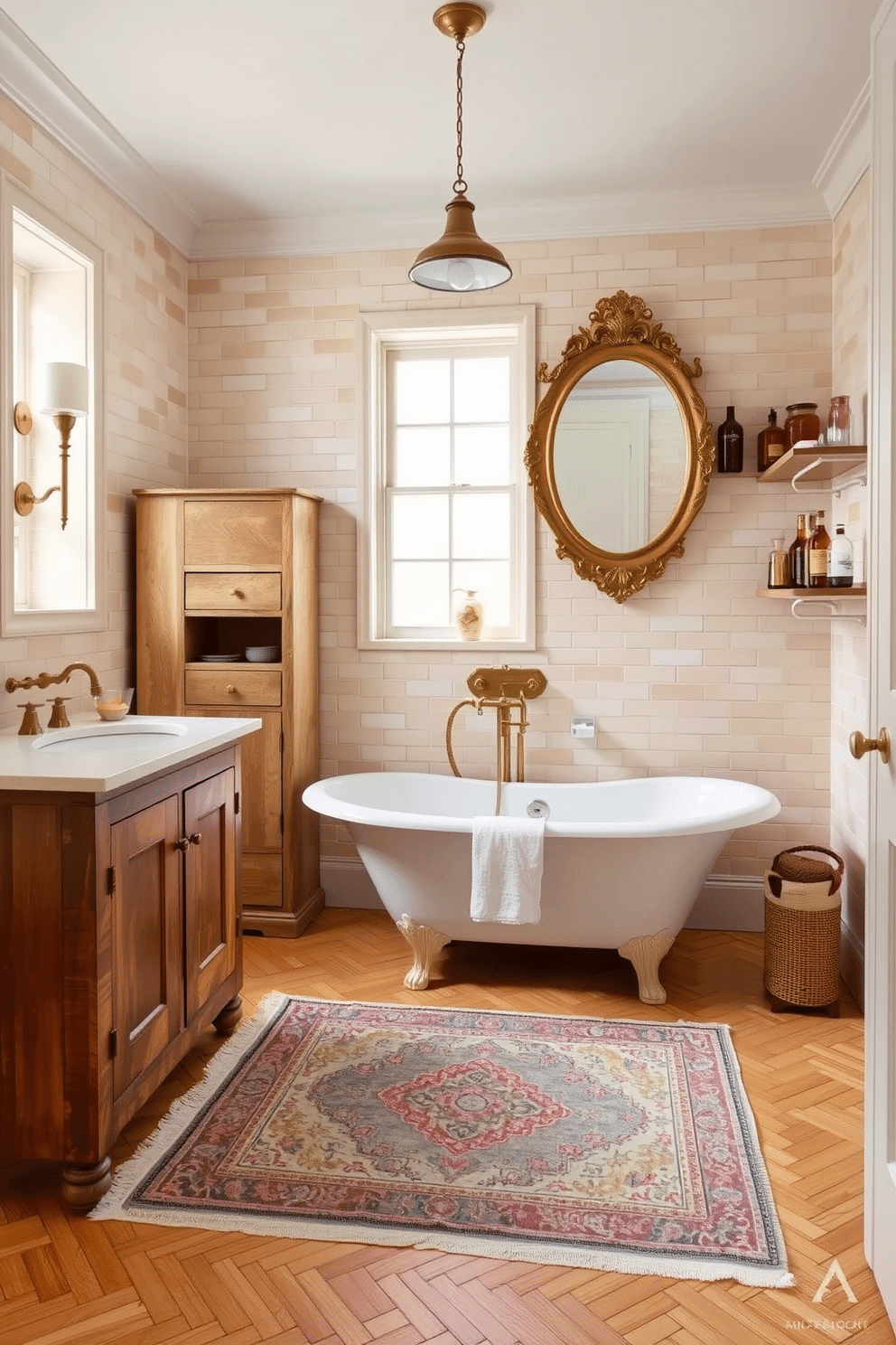 A vintage bathroom with a soft beige palette. The walls are adorned with artisan subway tiles in varying neutral tones, and a freestanding clawfoot bathtub serves as the centerpiece, surrounded by brass fixtures with a subtle antique patina. Eclectic accents bring character to the space, such as a distressed wood storage cabinet and an ornate, gold-framed oval mirror above a marble-topped vanity. A Persian-style rug in muted colors rests on the honey-toned herringbone floor, complemented by a carefully curated mix of old ceramic jars and amber glass bottles on open shelving nearby.