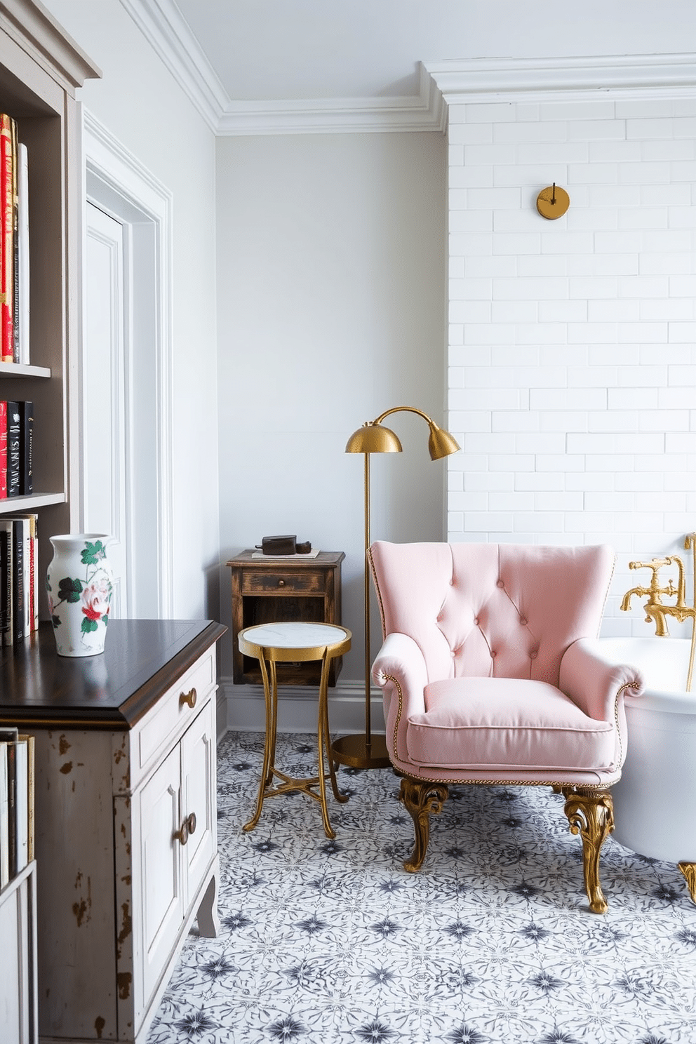 A cozy reading nook featuring a velvet chair in a soft blush tone. Nestled beside a clean-lined bookcase, the chair is paired with a curved brass floor lamp and a small marble-topped side table, creating a refined and inviting space. A vintage bathroom design with clawfoot tubs and brass fixtures exuding timeless elegance. The room is adorned with white subway tiles on the walls, patterned encaustic tiles on the floor, a weathered wooden vanity, and a statement floral porcelain vase near the sink.