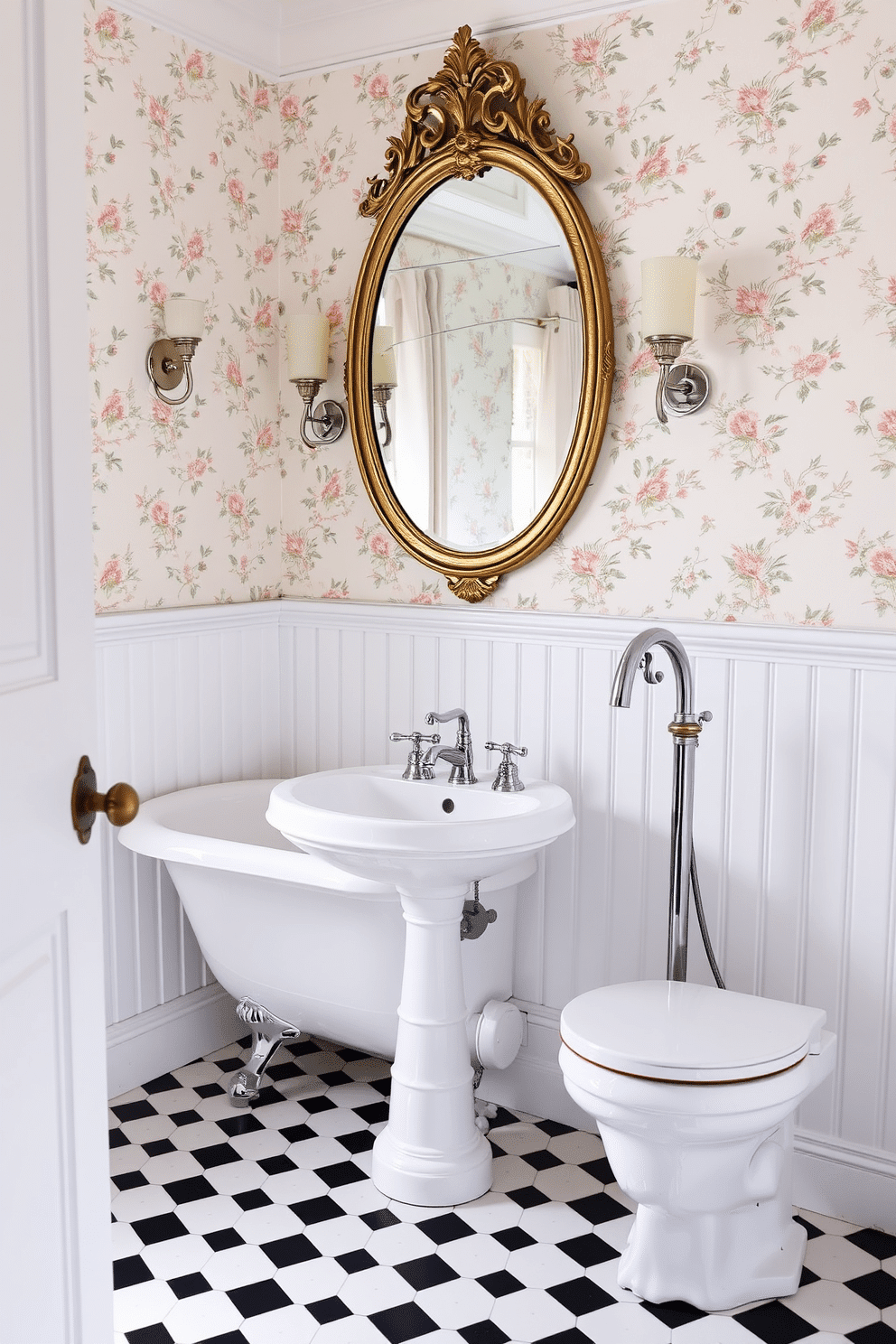 A charming vintage bathroom design with black and white checkerboard floor tiles. The walls feature delicate white beadboard paneling, paired with soft pastel wallpaper adorned with floral patterns. A clawfoot bathtub rests gracefully in the corner, complemented by a polished chrome freestanding faucet. Above the pedestal sink hangs an ornate oval mirror with a gilded frame, flanked by wall-mounted sconces with frosted glass shades.