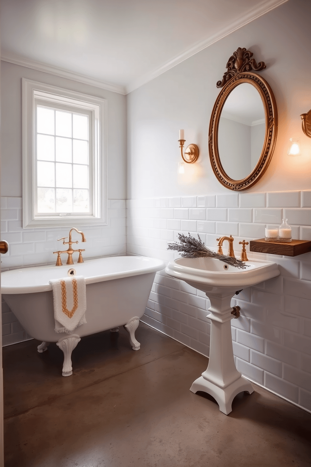 A charming vintage bathroom design with a smooth concrete floor that complements the classic porcelain fixtures. The walls are adorned with light gray subway tiles, while a clawfoot tub stands elegantly under a frosted glass window, inviting natural light. A pedestal sink with gold cross-handle faucets is paired with an ornate oval mirror in an antique brass frame. Warm light from a pair of wall sconces casts a soft glow, highlighting a bouquet of dried lavender perched on a reclaimed wood shelf.