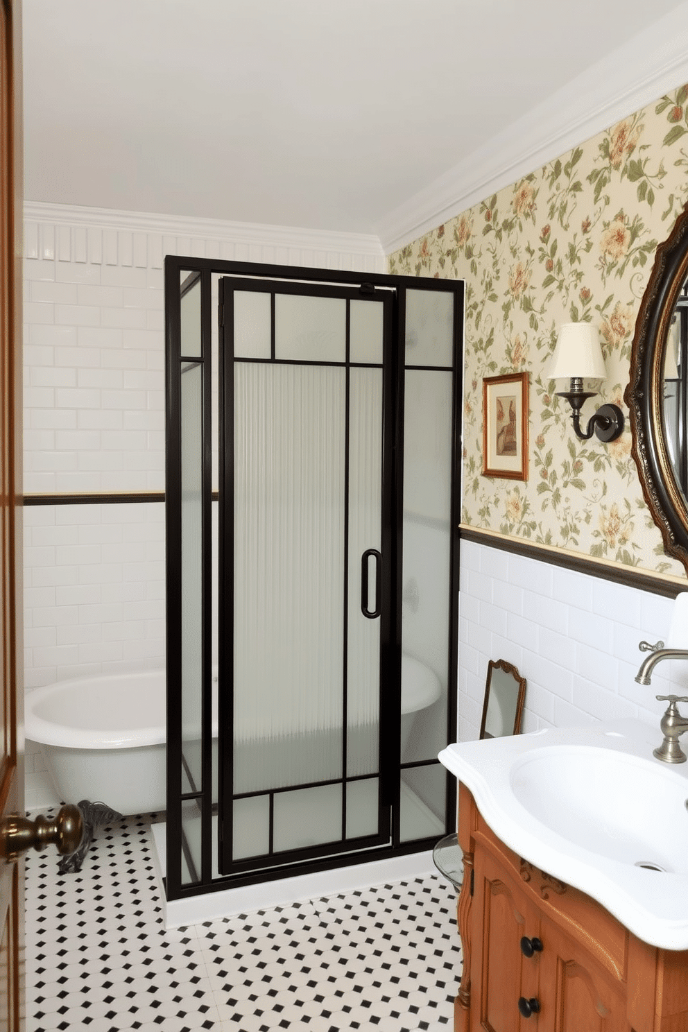 A vintage-inspired bathroom featuring a fluted glass shower stall with black metal framing. The soft, frosted texture of the glass adds a subtle layer of privacy while complementing the retro aesthetic. The room is filled with charming, period-style elements such as a clawfoot bathtub and an antique wooden vanity with a pristine porcelain sink. The walls are adorned with classic white subway tiles and a decorative floral wallpaper, creating an effortlessly timeless design.