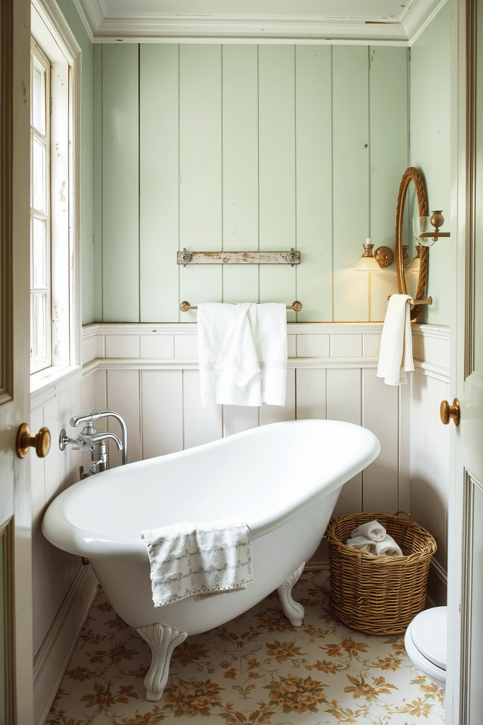 A charming vintage bathroom featuring polished iron towel racks paired seamlessly with white ceramic fixtures. The designs evoke timeless elegance, with weathered wooden accents and soft pastel-colored walls complementing the space. Delicate floral-patterned tiles line the floor, enhancing the nostalgic ambiance, while a clawfoot bathtub becomes the room's centerpiece. Subtle touches like antique sconces and a woven wicker basket for toiletries complete the old-world charm.