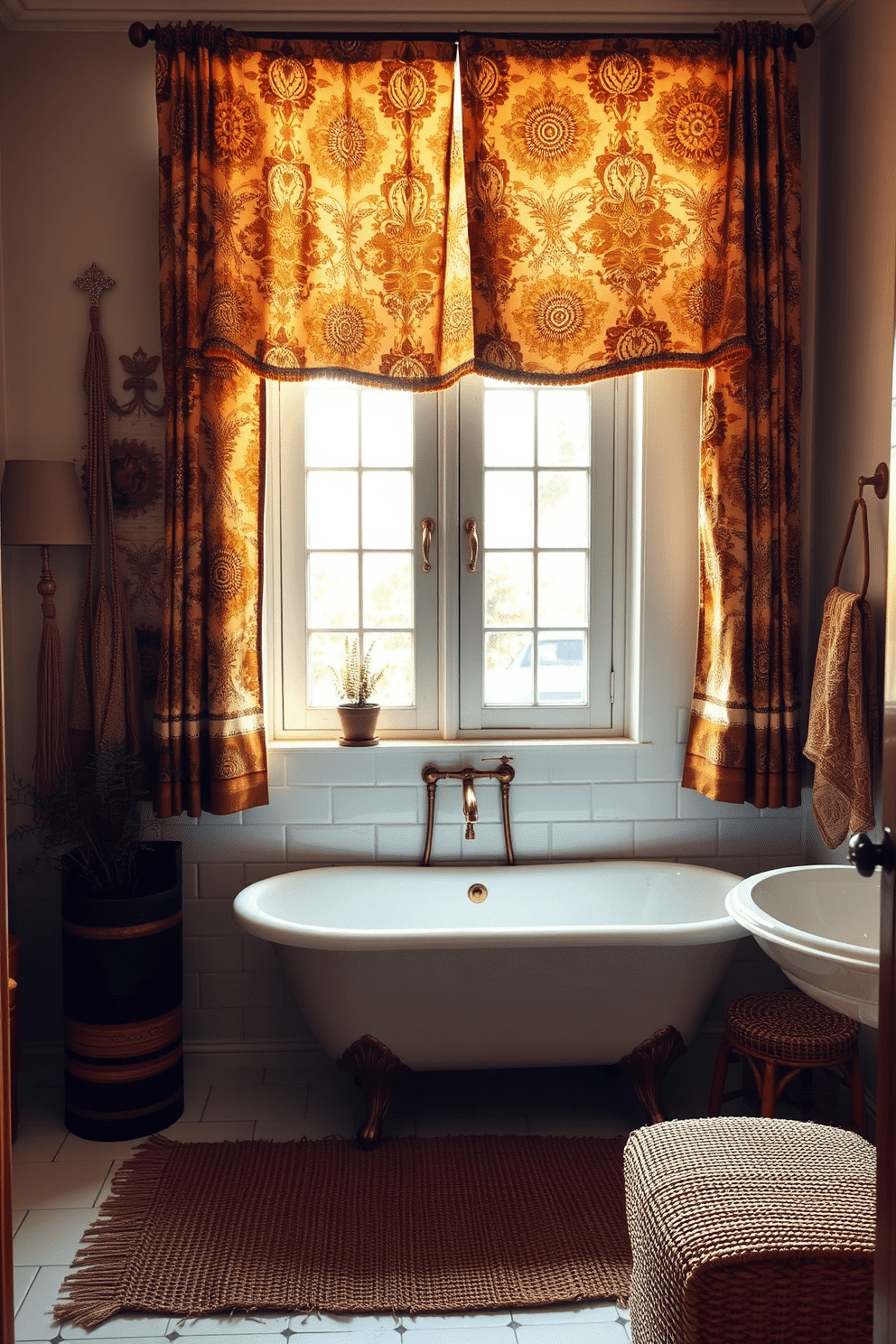 A charming bathroom with vintage bohemian flair. The focal point is a large window framed by patterned curtains in earthy tones, featuring intricate mandala and paisley designs that diffuse warm light into the space. The bathroom walls are dressed in soft, distressed white tiles with antique brass fixtures adorning the sink and tub. Adding texture to the space, a woven jute rug lies neatly on the floor, complementing the air of retro elegance.