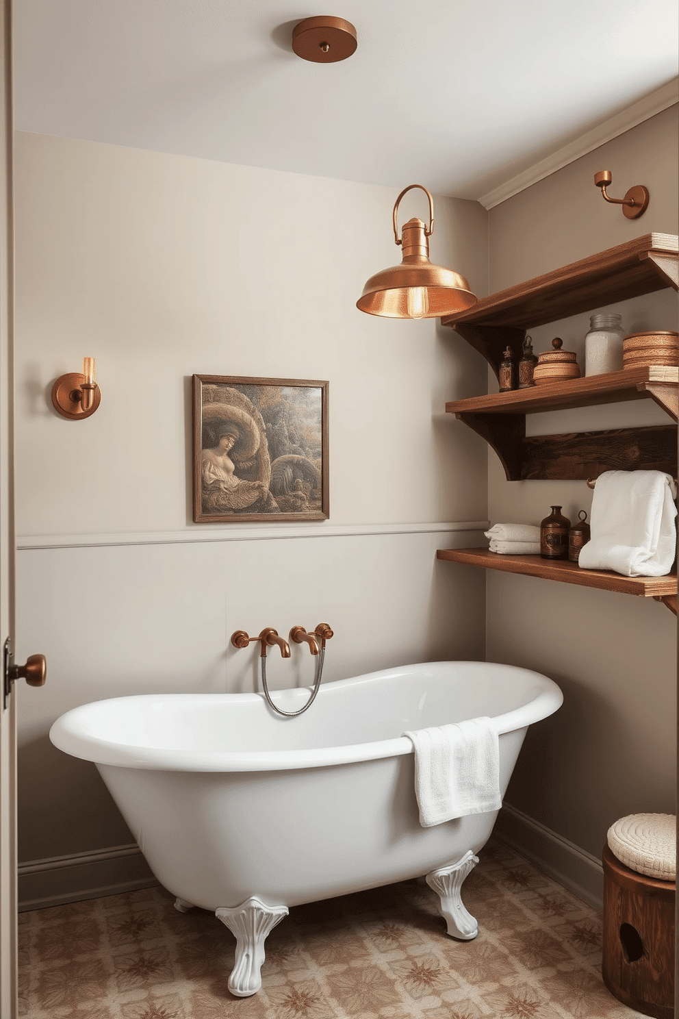 A vintage bathroom with muted walls in a soft, neutral tone creates a serene and timeless atmosphere. Copper lighting fixtures, elegantly suspended from the ceiling or mounted as wall sconces, add a warm and sophisticated glow to the space. A clawfoot bathtub takes center stage, its sleek finish perfectly complementing the rich copper accents. Reclaimed wooden shelves and a patterned tile floor bring texture and charm, while simple accessories such as antique jars and linen towels complete the nostalgic aesthetic.
