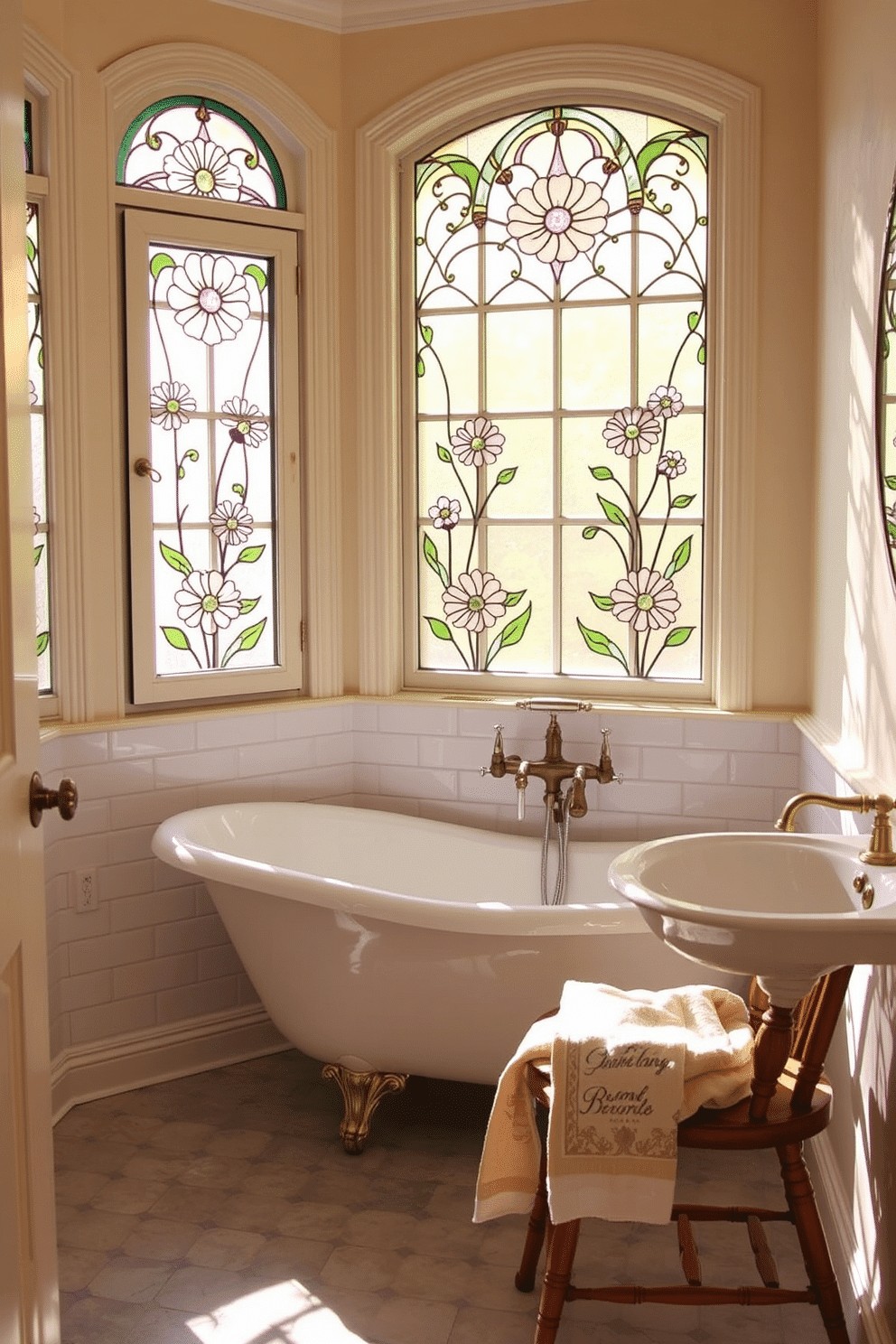 A charming bathroom illuminated by floral stained glass windows, casting soft, colorful patterns across the room. The windows feature intricate flower motifs in pastel hues, accentuated by delicate black outlines that add an artistic touch. The space is designed with vintage elements, including a clawfoot bathtub with aged brass fixtures. Completing the look are subway-tiled walls in a soft cream shade, a pedestal sink with antique handles, and a wooden chair draped with a linen towel.