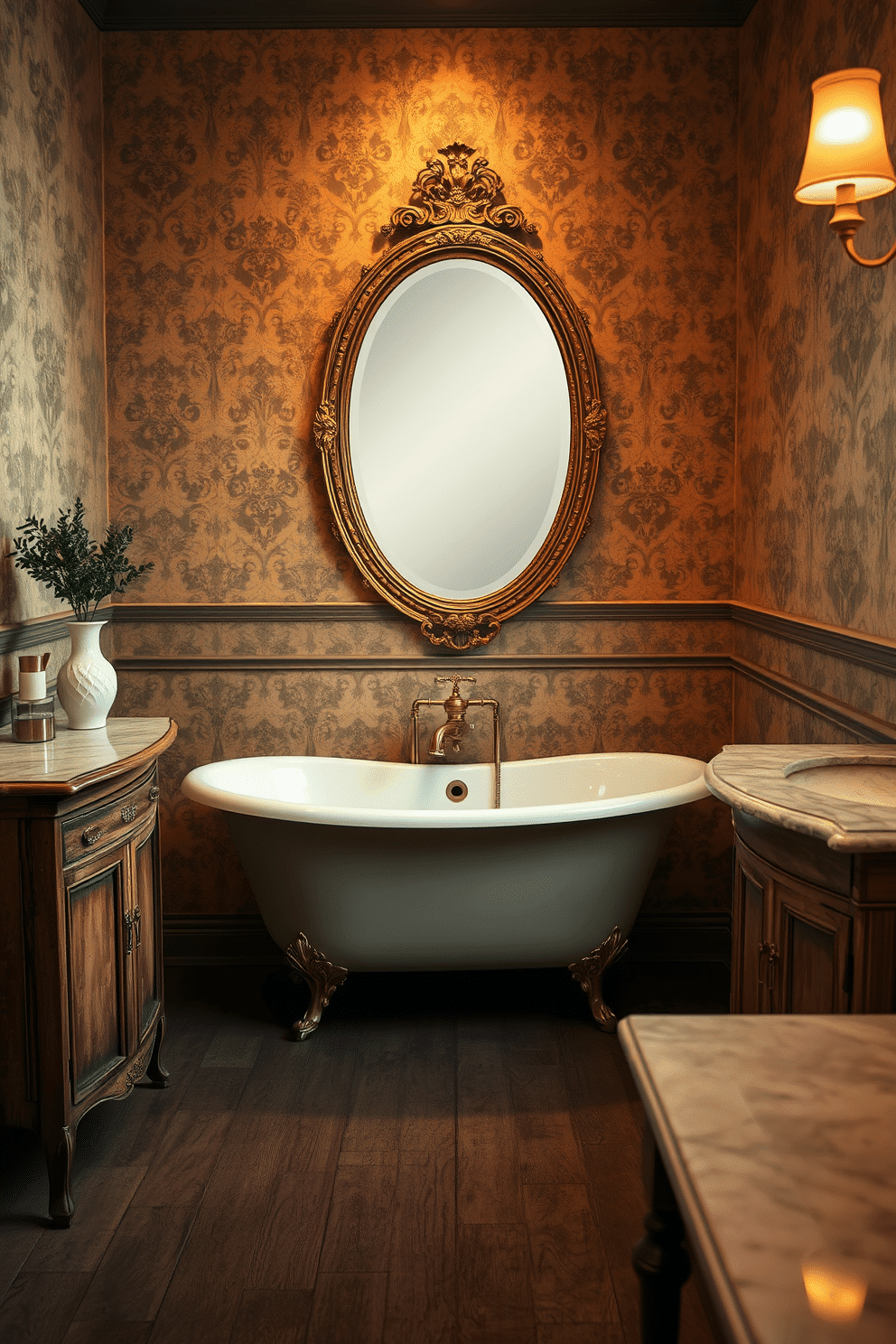 A vintage-inspired bathroom setting. The walls are adorned with textured wallpaper featuring delicate soft gold accents that shimmer under warm ambient lighting. A freestanding clawfoot bathtub with a brushed brass faucet takes center stage, surrounded by antique wooden furniture. A weathered vanity with a marble countertop is topped with an oval mirror framed in ornate gilded metal, exuding timeless elegance.