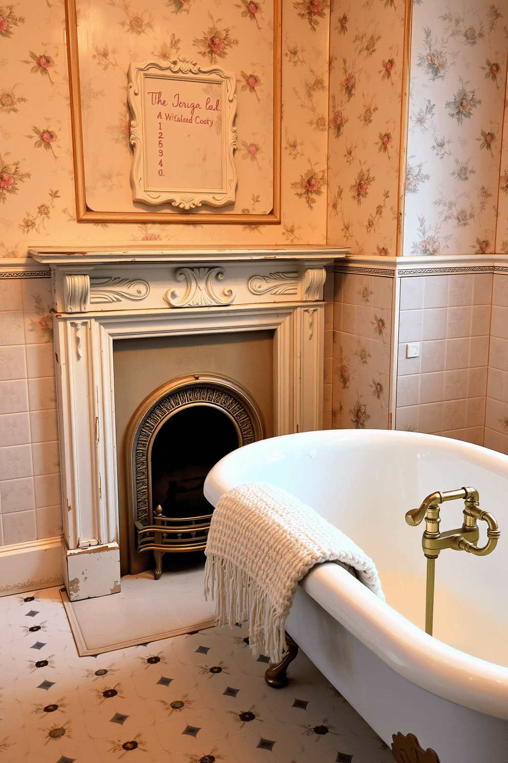 A small, antique fireplace is at the heart of the space, exuding warmth and vintage charm. The fireplace surround is adorned with intricate, hand-carved details, finished in an off-white, slightly distressed paint to enhance its character. The bathroom walls are clad in soft pastel tiles with delicate floral patterns, complementing the vintage ambiance. A clawfoot bathtub with brass fixtures is placed nearby, while a cozy armchair with a stitched throw rests beside the fireplace for added comfort and warmth.