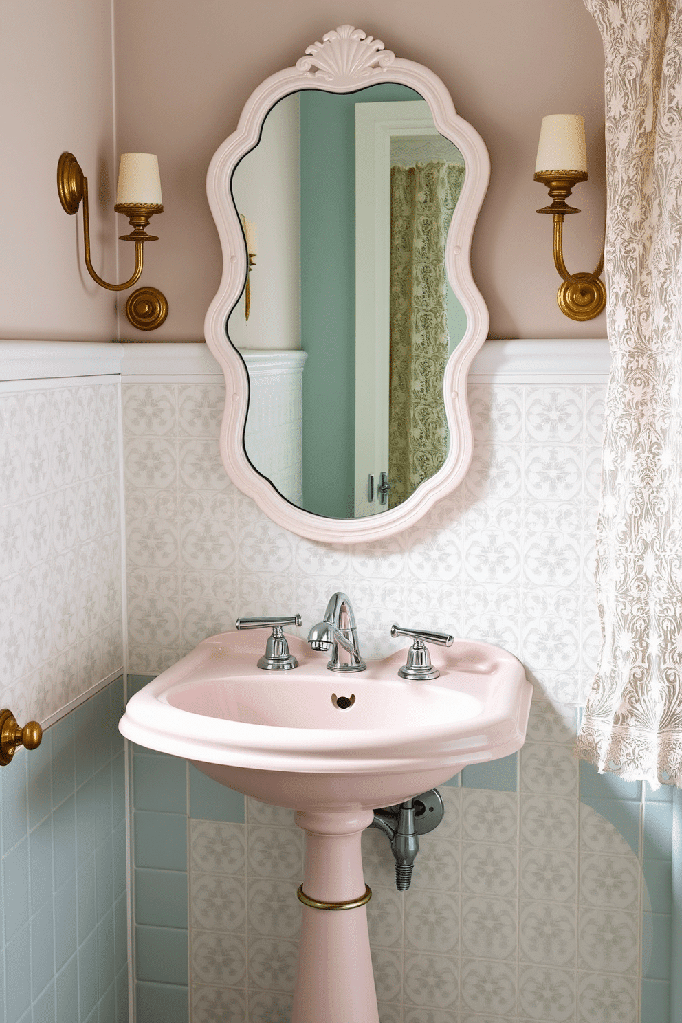 A romantic vintage bathroom setting bathed in soft, pastel tones. The centerpiece is a delicate blush-pink sink with chrome faucets and matching chrome hardware, perfectly paired with a scalloped-edge mirror above. Surrounding the sink, intricate white wall tiles create a timeless backdrop, accented by muted aqua walls. Period-style brass sconces and an antique lace curtain complete the nostalgic ambiance, while a sprig of lavender in a ceramic vase adds a gentle charm.