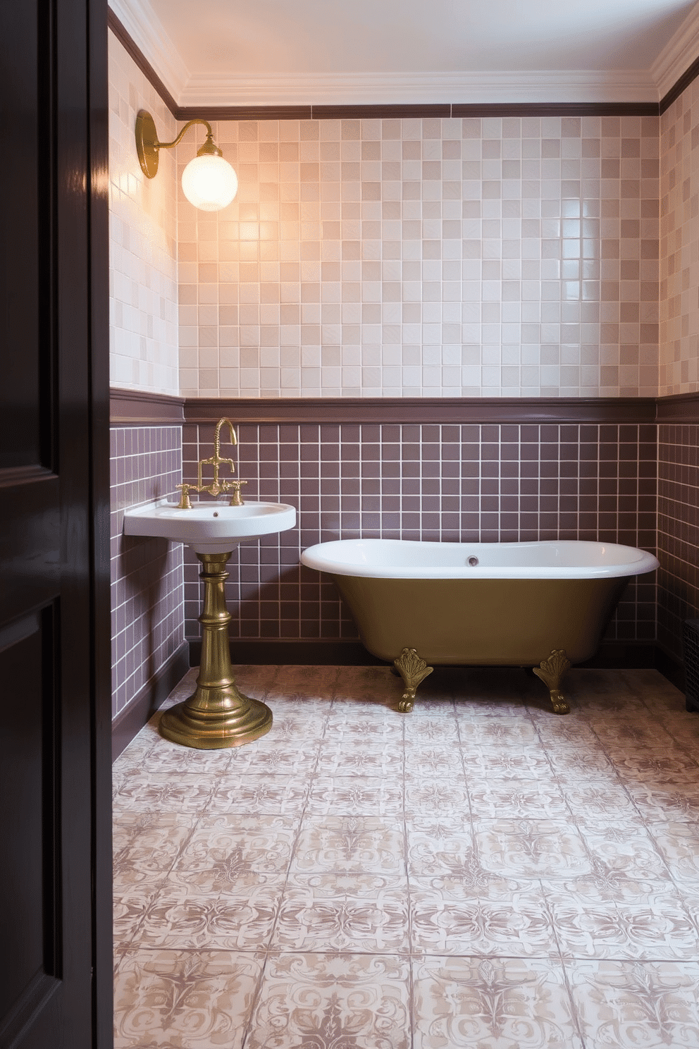 A vintage-inspired bathroom with square encaustic tiles in soft, muted hues covering the floor and part of the walls. The tiles feature intricate patterns, creating a nostalgic yet elegant atmosphere that complements the brass fixtures throughout the space. A freestanding clawfoot bathtub with a polished brass finish stands as the centerpiece, adding timeless charm. Beside it, a pedestal sink with a brass faucet gleams under the warm glow of a classic, globe-shaped sconce light, subtly illuminating the entire room.