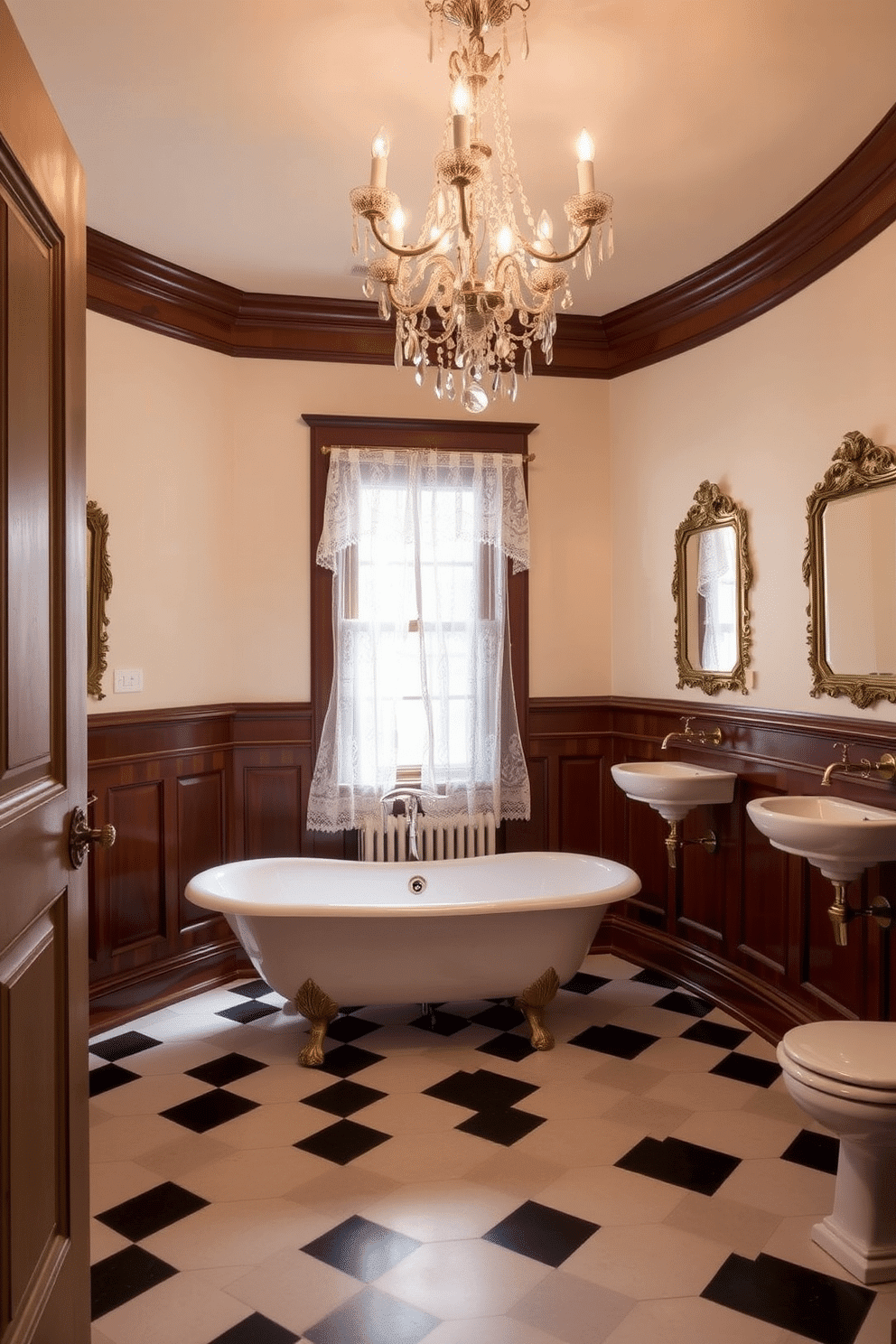 A timeless vintage bathroom design. The walls are painted in soft ivory tones, complemented by mahogany wainscoting that wraps around the room. A clawfoot bathtub serves as the centerpiece, sitting atop a checkerboard black-and-white tiled floor. A crystal chandelier hangs above, casting warm, soft light, while antique brass faucets and ornate mirrors add luxurious details. Ivory lace curtains drape gently over a wooden-framed window, completing the room's classic elegance.