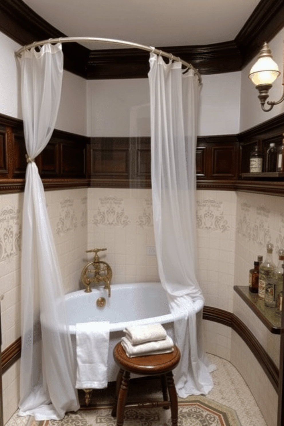 A charming vintage bathroom with a corner bathtub framed by delicate, sheer white curtains, creating a cozy and intimate retreat. The bathtub is adorned with classic brass fixtures, while a small wooden stool nearby holds a stack of soft linen towels. The walls are clad in soft cream tiles with intricate vintage detailing, complemented by dark wood wainscoting. A collection of antique glass bottles sits on a nearby shelf, evoking nostalgia, while a soft glow from a bronze sconce adds warmth to the space.