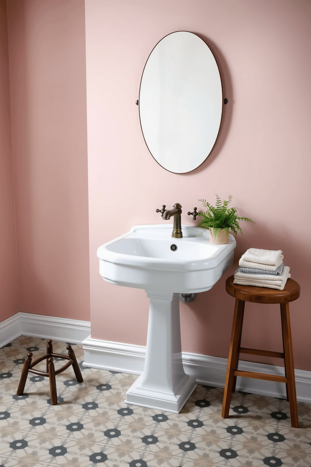 A vintage-inspired bathroom featuring a classic white ceramic sink adorned with aged bronze fittings exuding timeless elegance. The sink rests upon a pedestal base, accompanied by a soft blush-colored wall backdrop and a frameless oval mirror above. To the side, a quaint wooden stool holds a stack of linen towels and a small potted fern for a natural touch. The floor showcases intricately patterned encaustic tiles in muted shades of cream and gray, completing the vintage aesthetic with understated charm.
