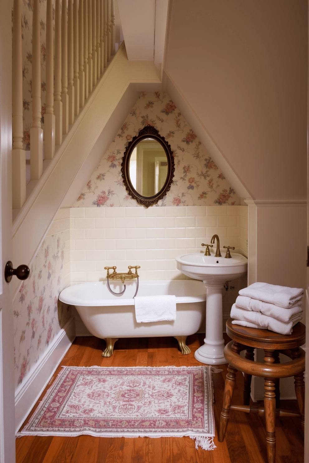 A quaint bathroom nestled beneath a staircase, evoking vintage charm. A clawfoot tub with brass fixtures sits below the sloping ceiling, while a small pedestal sink is framed by an antique oval mirror. The walls are clad with soft cream subway tiles, accented by floral motif wallpaper in muted pastel hues. A faded Persian rug partially covers the hardwood floor, and a vintage wooden stool holds a stack of neatly folded linen towels.