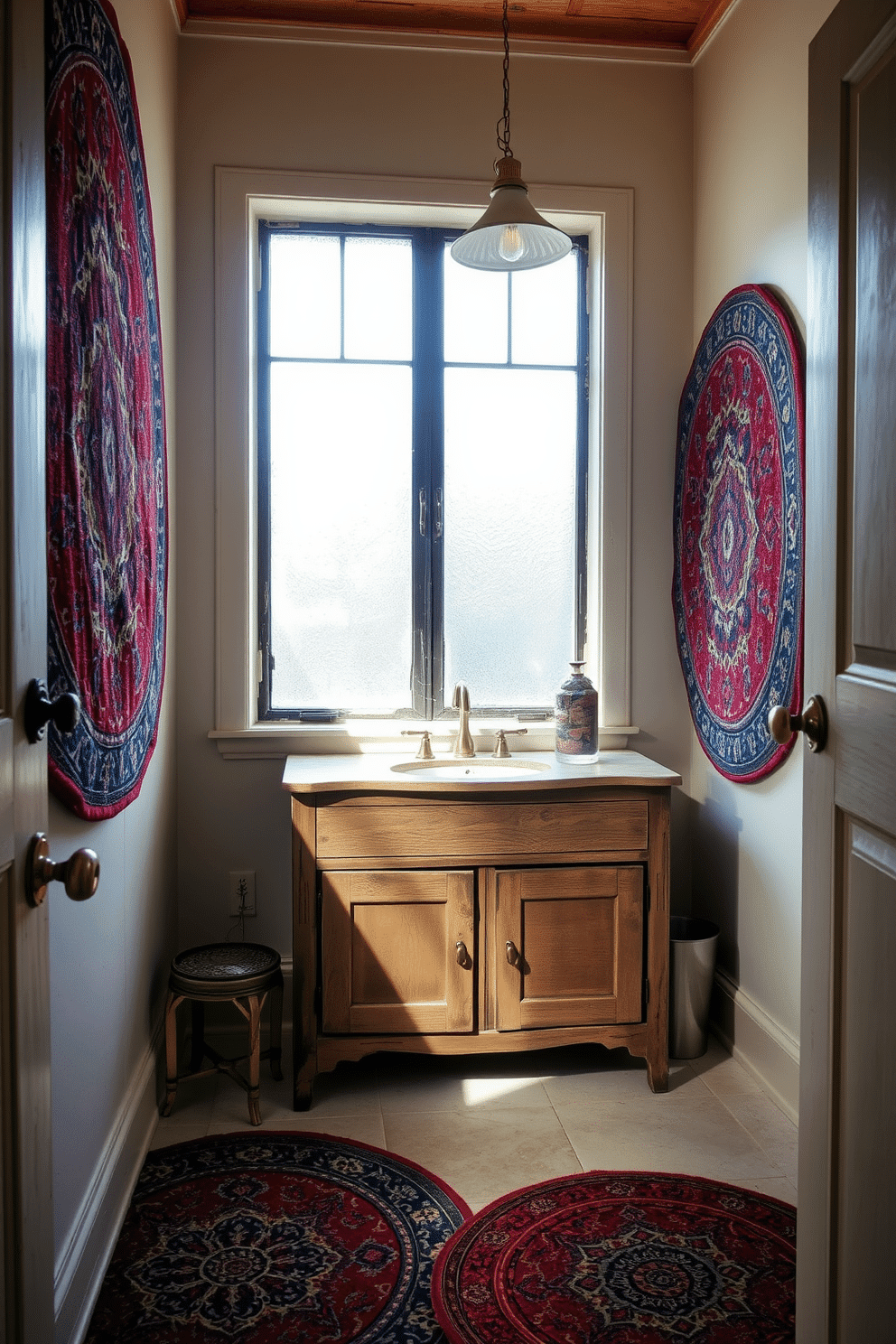 A vintage bathroom brought to life with circular Persian rugs featuring intricate, distressed patterns in deep reds and blues. The worn yet elegant charm of the rugs complements a weathered wooden vanity with aged brass hardware, creating a timeless aesthetic. Soft, ambient lighting streams through a frosted glass window, casting a warm glow over the vintage elements. The muted tones of the walls, painted in antique ivory, offer a perfect backdrop for the rich texture of the rugs and the delicate patina of the vanity.
