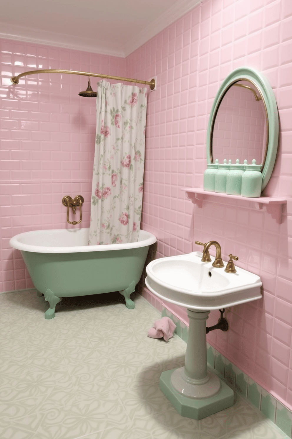 A vintage bathroom design with a charming blend of light pink tiles and mint green accents. The walls feature a glossy arrangement of soft pink subway tiles, balanced by intricately patterned mint green tiles on the floor. A clawfoot bathtub takes center stage, painted with a mint green exterior and white interior. Above the tub, an elegant brass shower fixture is complemented by a mint green and pink floral-patterned shower curtain. A pedestal sink stands gracefully on a mint green tile base, paired with an oval mirror bordered by antique brass. On a nearby pink shelf, a collection of pale green glass jars and pastel towels enhances the nostalgic aesthetic.