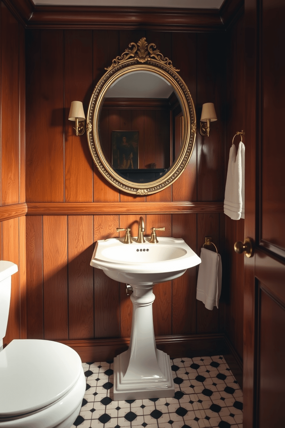 A vintage bathroom with polished wood-paneled walls evokes timeless sophistication. The rich wooden texture is complemented by brass faucets, which gleam with a classic and elegant charm. The flooring features black-and-white hexagonal tiles, adding a nostalgic touch to the design. Above a pedestal sink, a round mirror with an ornate brass frame reflects the warm hues of soft ambient lighting.